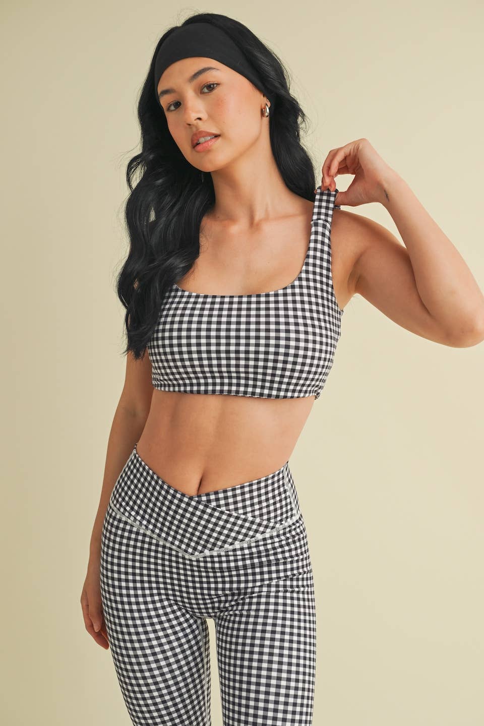 Gingham Print Ruched Bra Top - Black Gingham