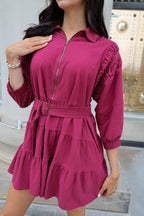 Collared Zip-Up Mini Dress w/ Belt & Tiered Skirt