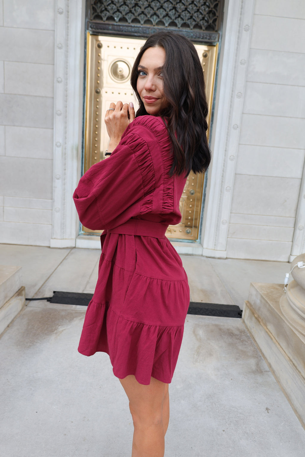 Collared Zip-Up Mini Dress w/ Belt & Tiered Skirt