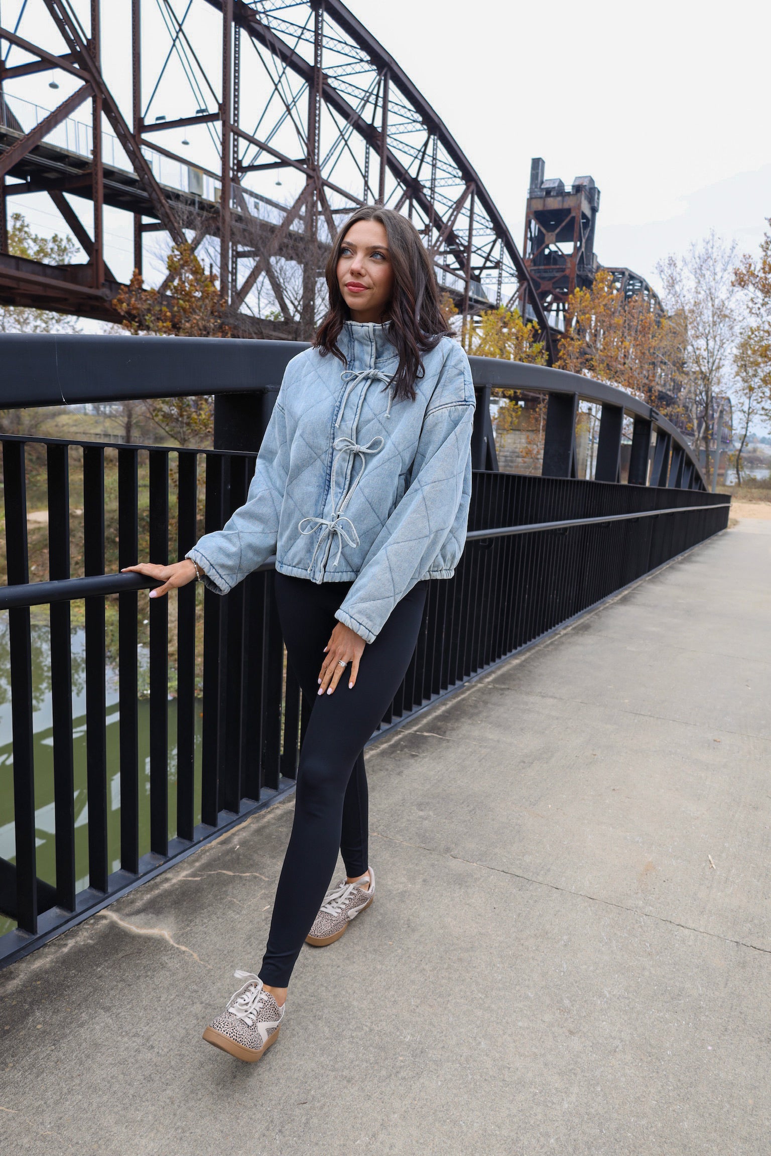 Washed Denim Quilted Front Tie Puffer Jacket