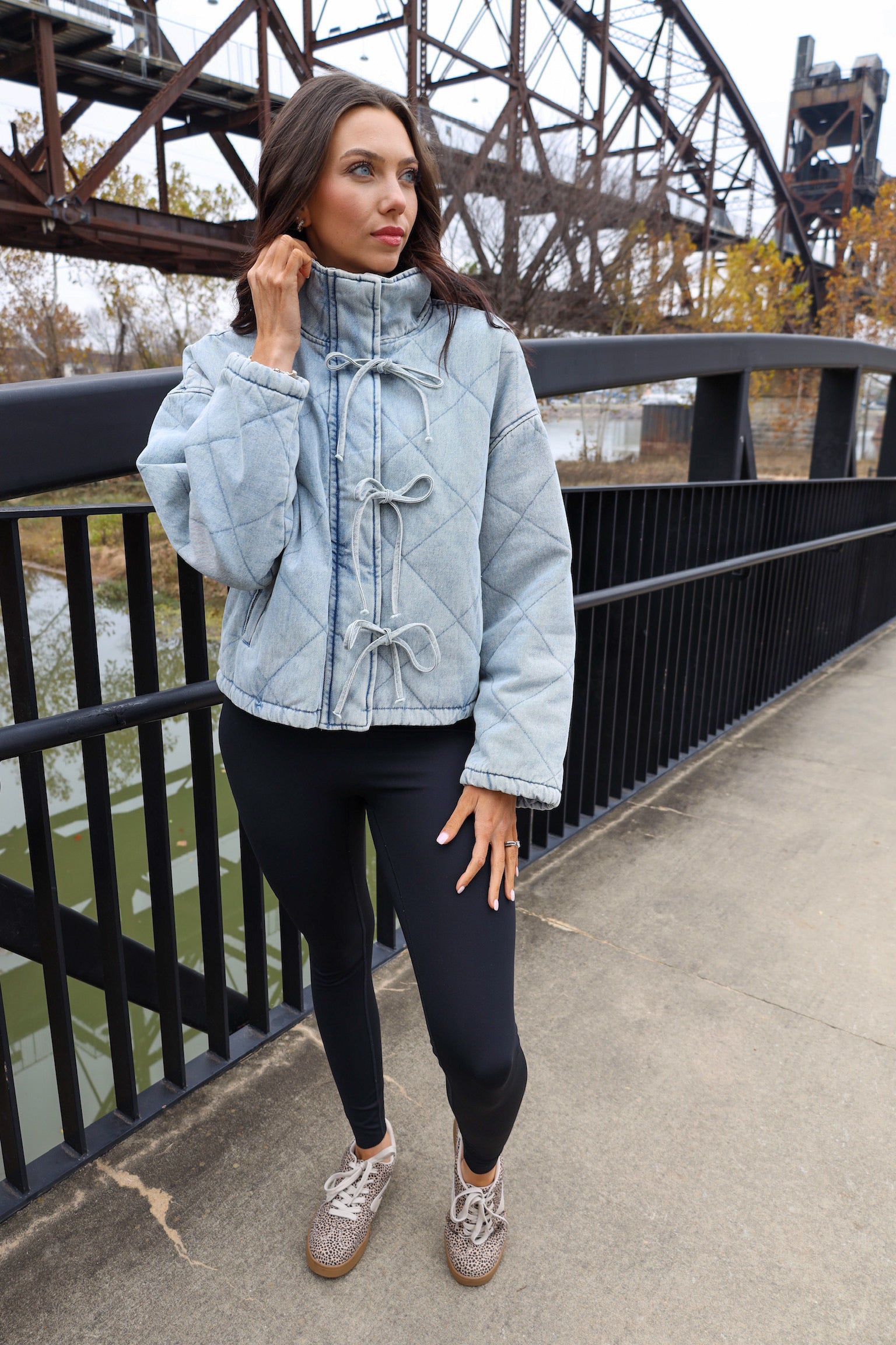 Washed Denim Quilted Front Tie Puffer Jacket