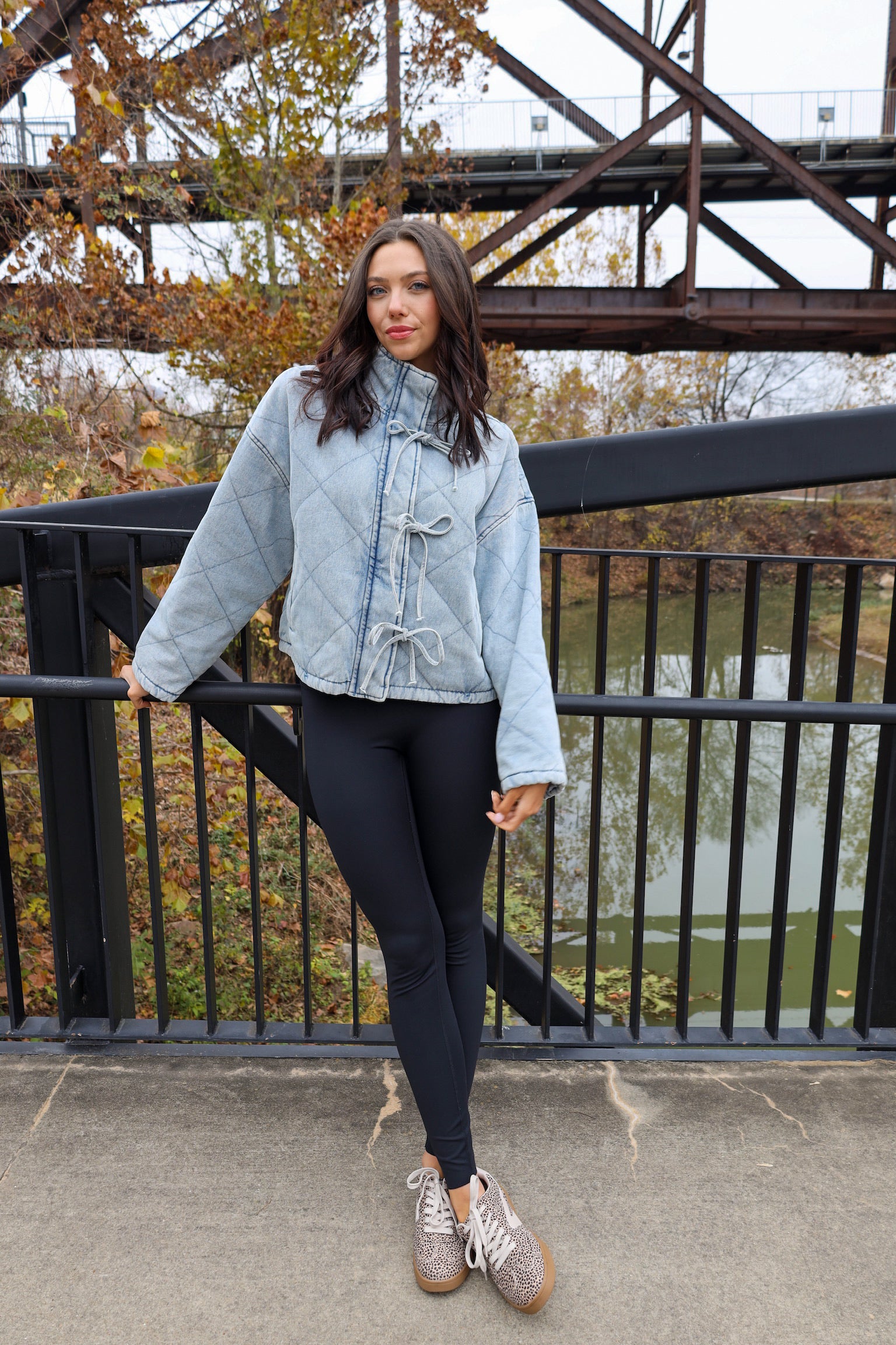 Washed Denim Quilted Front Tie Puffer Jacket