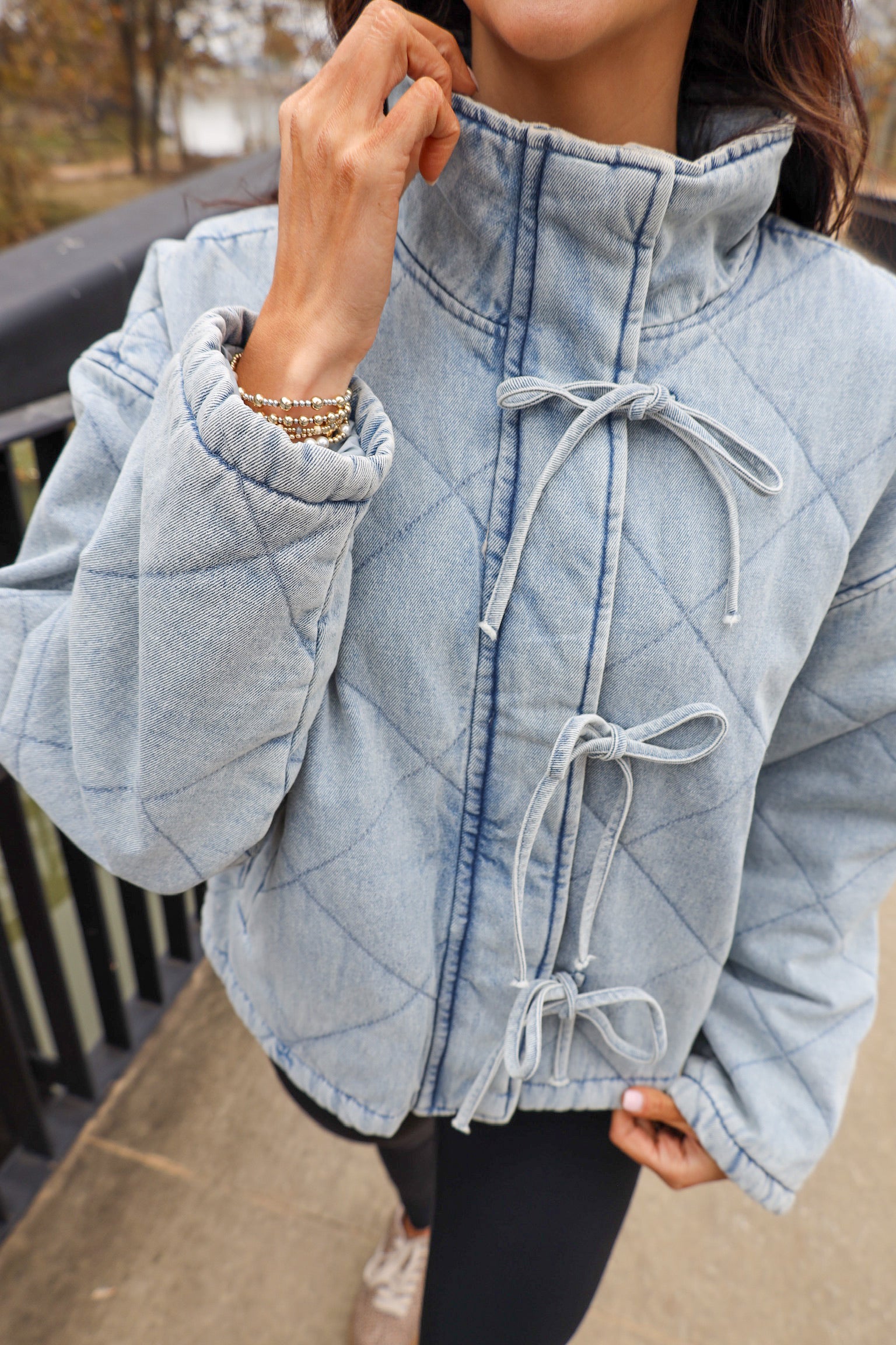 Washed Denim Quilted Front Tie Puffer Jacket