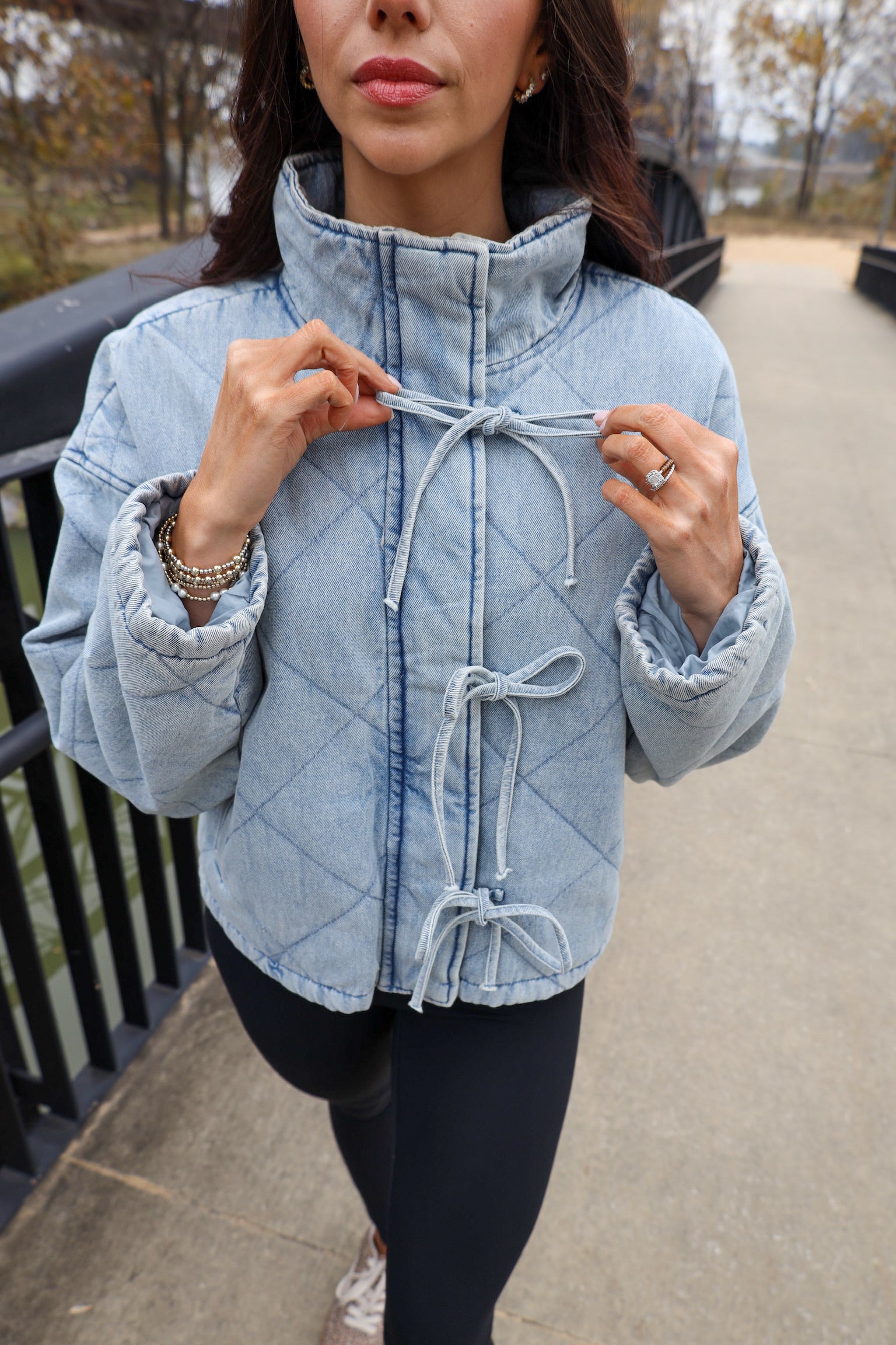 Washed Denim Quilted Front Tie Puffer Jacket