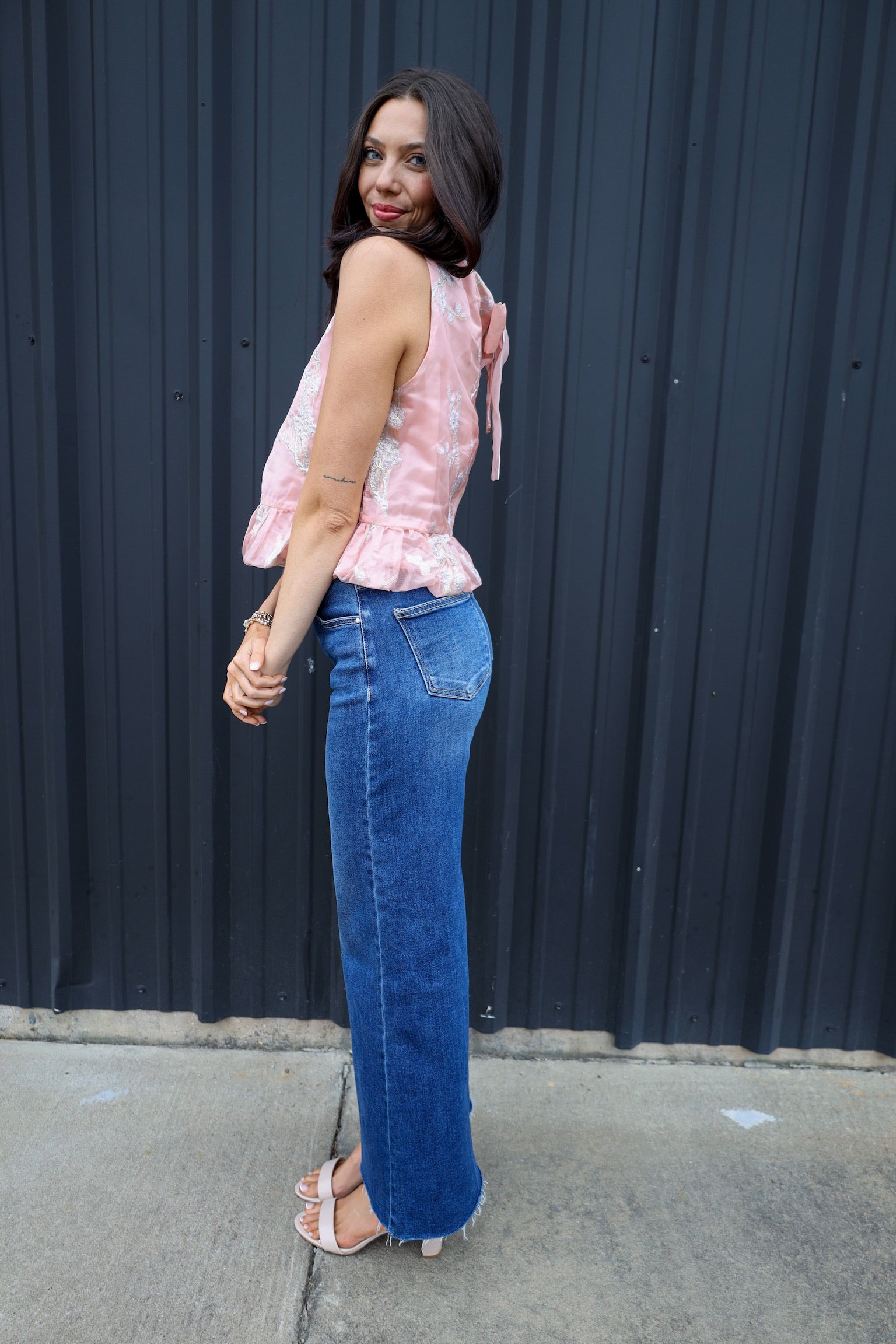 Metallic Floral Bubble Top with Bow Tie Neck