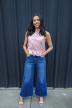 Metallic Floral Bubble Top with Bow Tie Neck