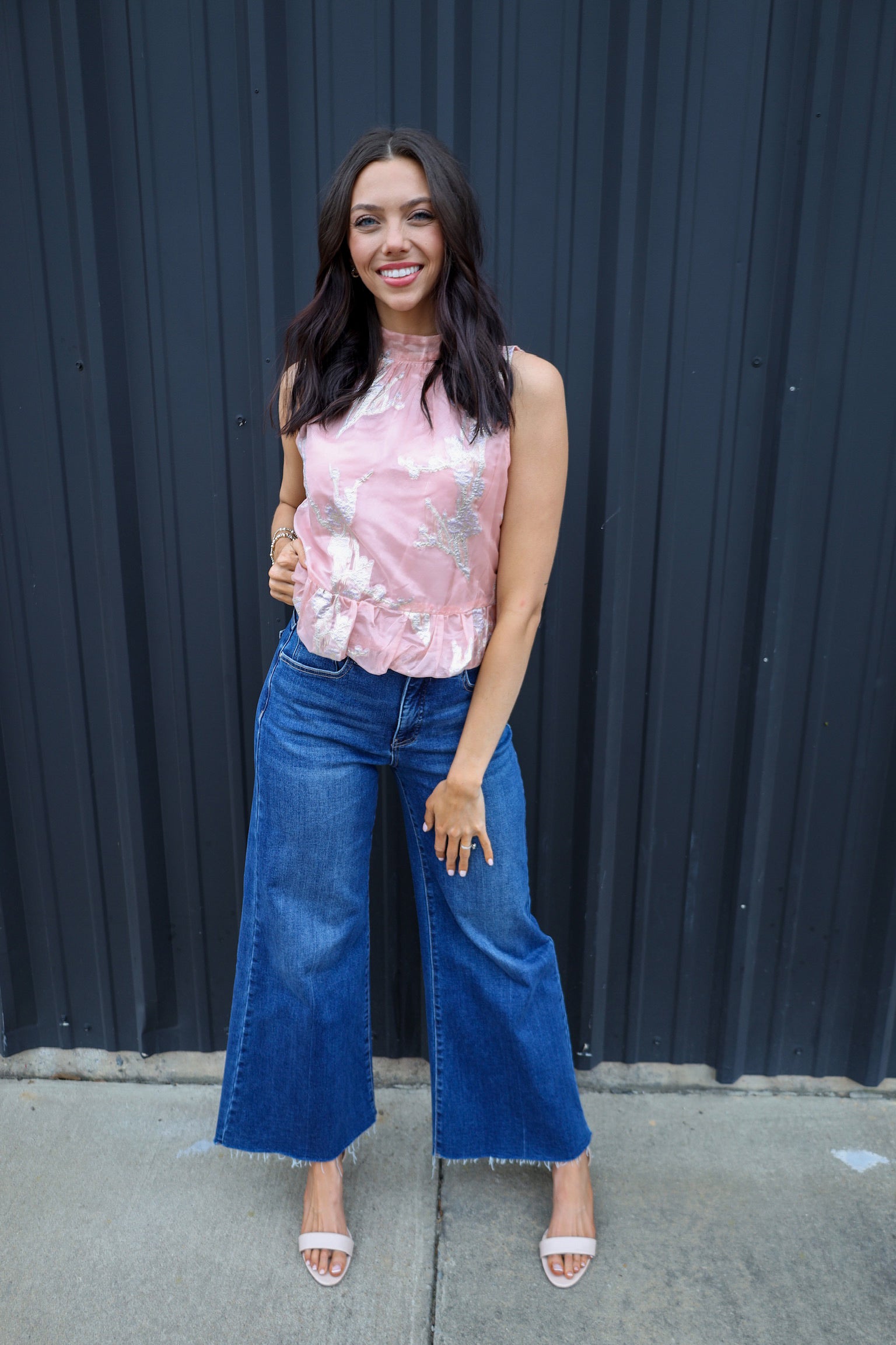 Metallic Floral Bubble Top with Bow Tie Neck