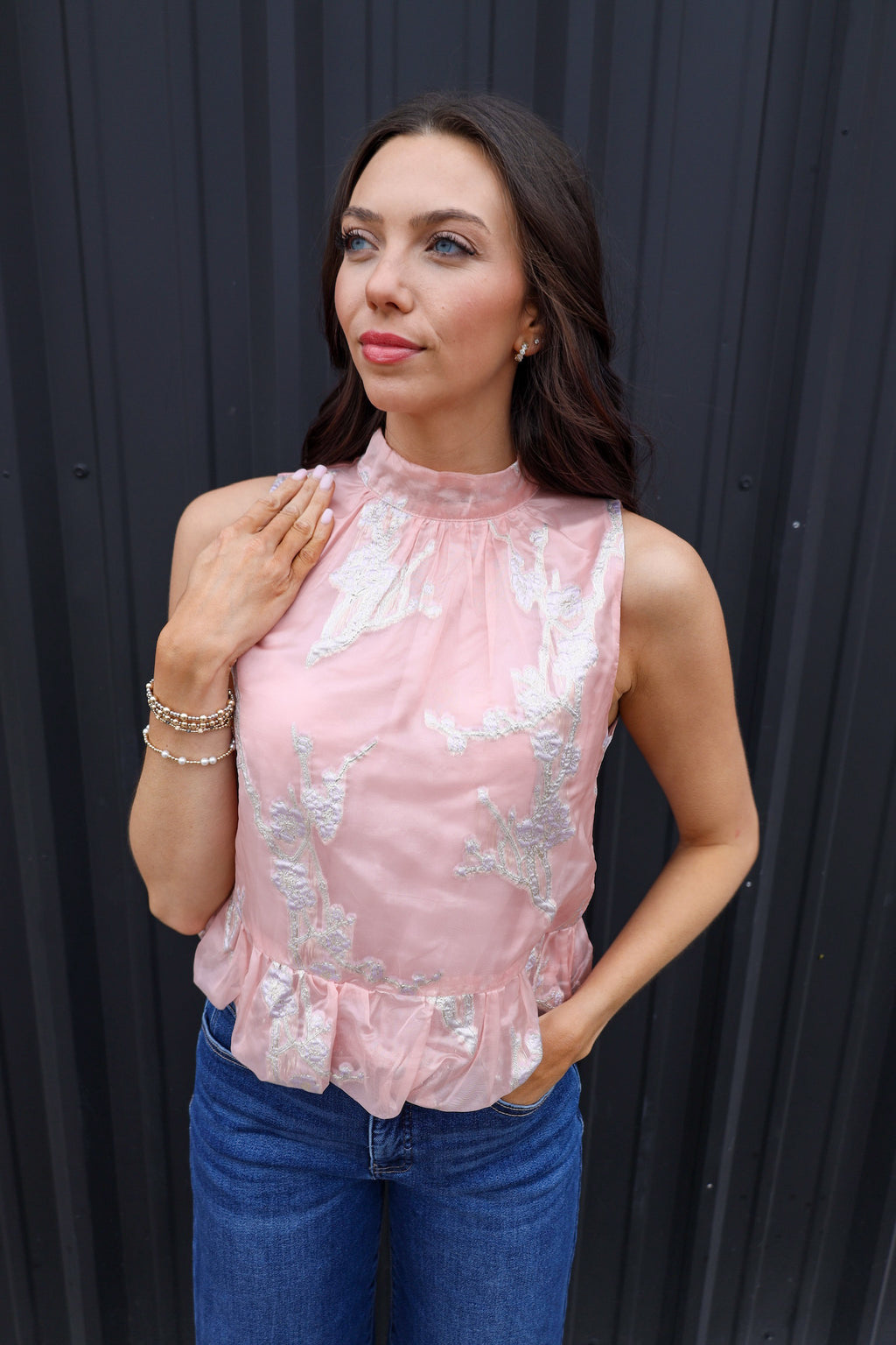Metallic Floral Bubble Top with Bow Tie Neck