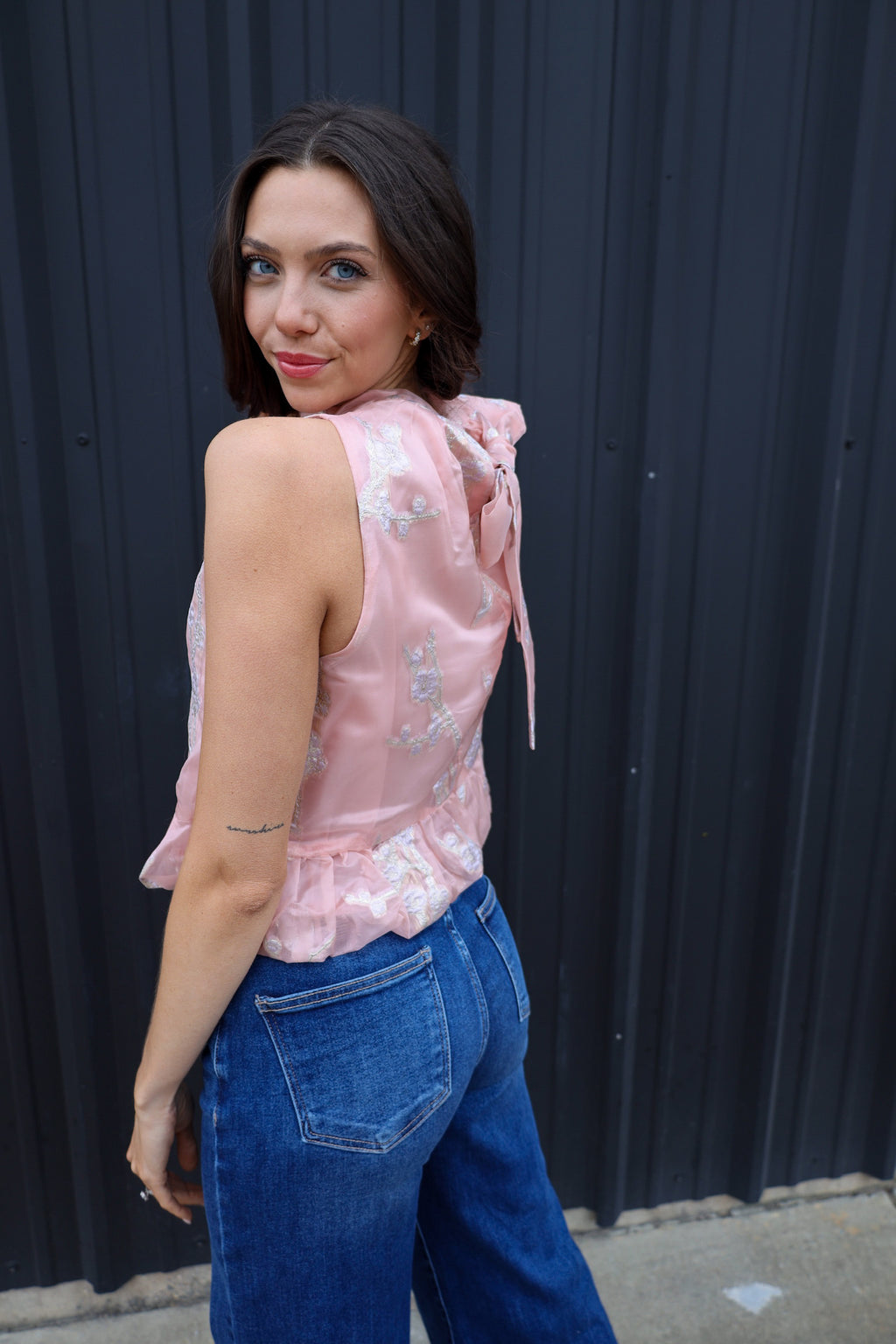 Metallic Floral Bubble Top with Bow Tie Neck