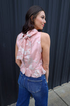 Metallic Floral Bubble Top with Bow Tie Neck