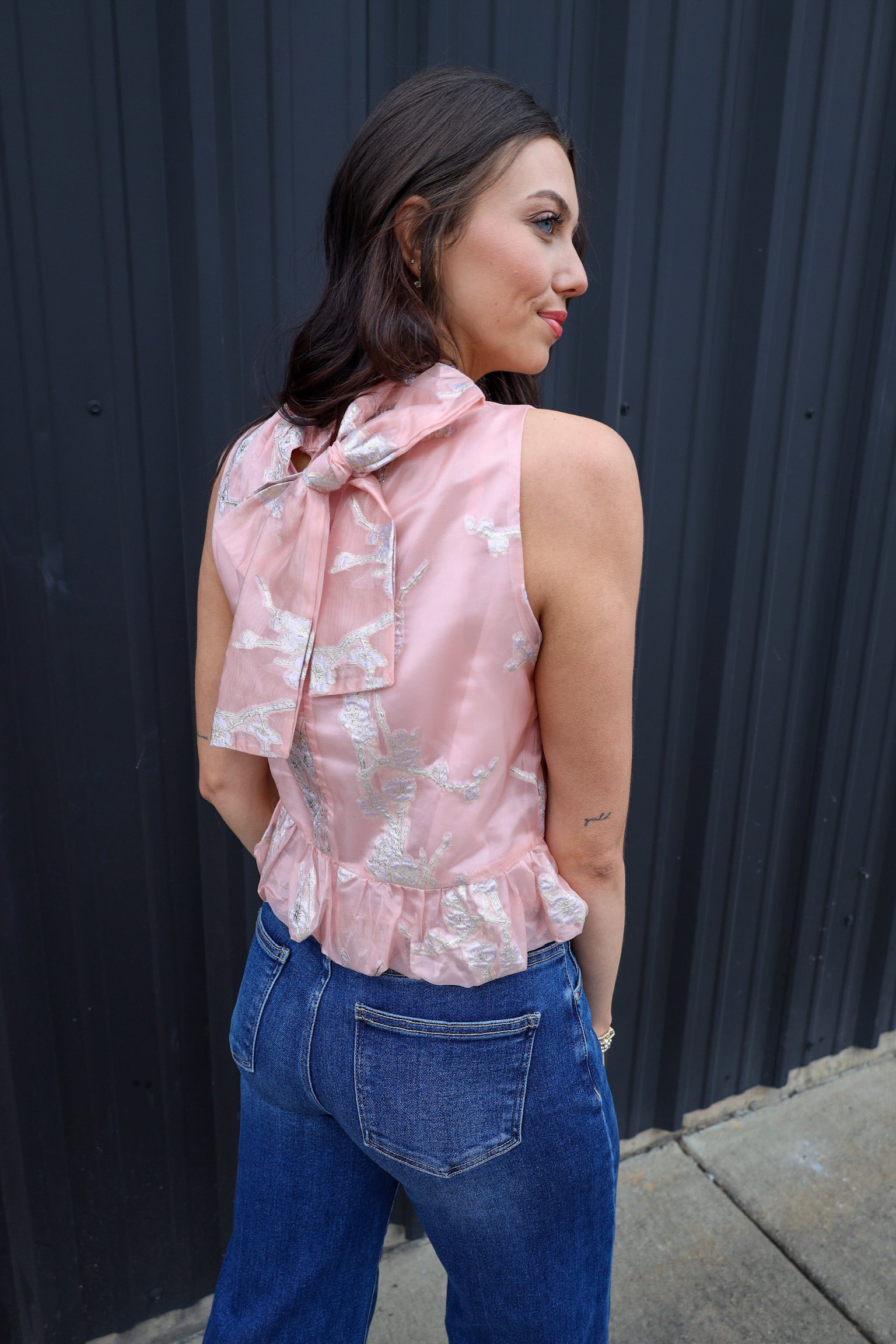 Metallic Floral Bubble Top with Bow Tie Neck