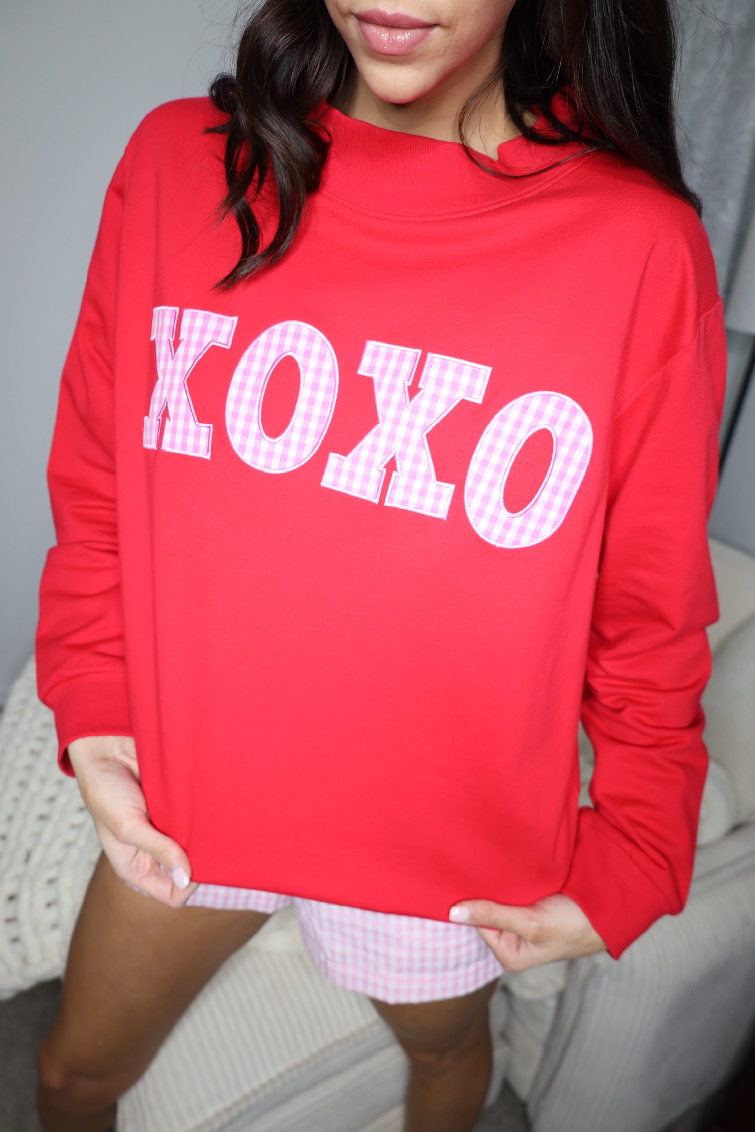 Mock Neck Sweatshirt w/ Gingham XOXO Patch