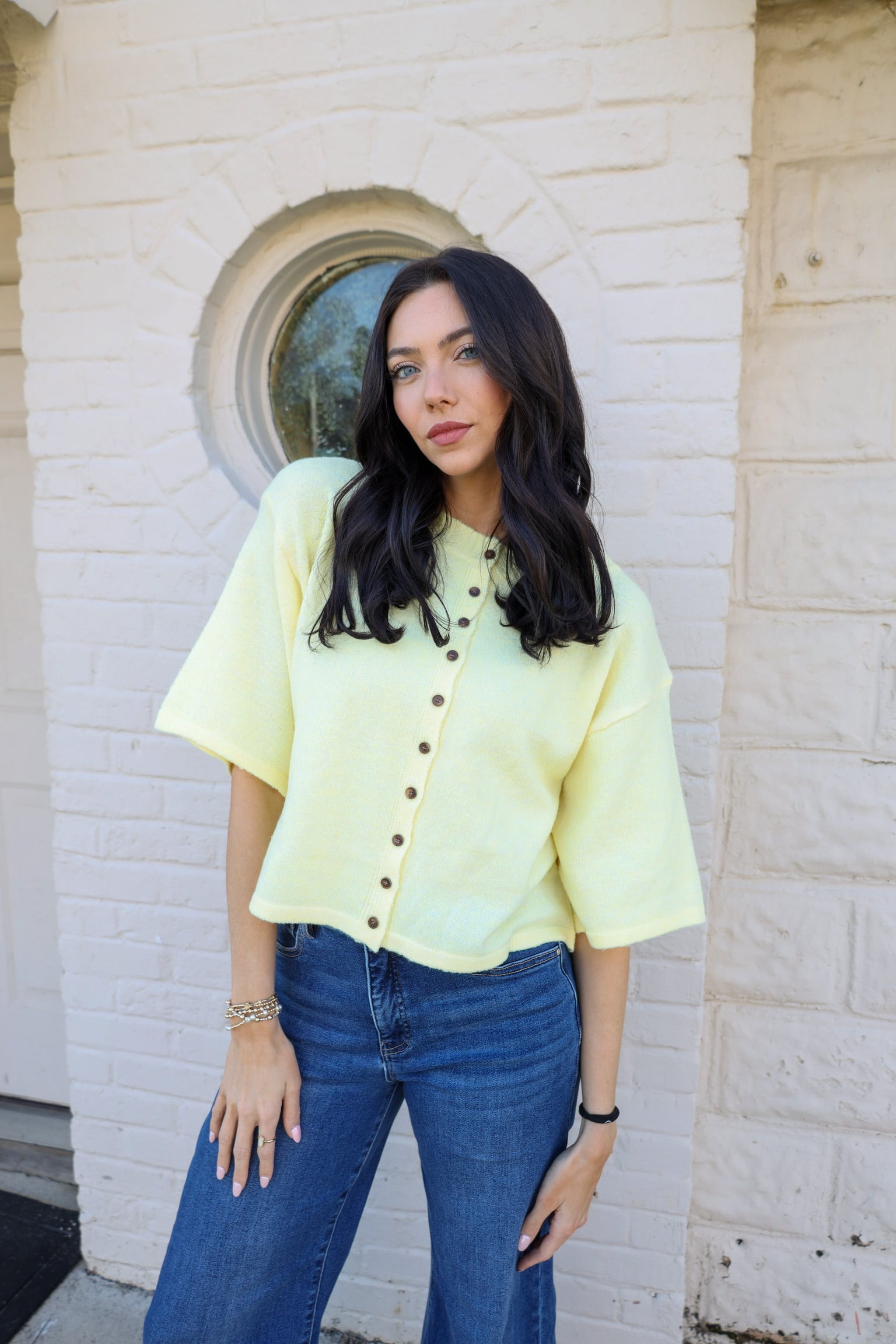 Short Sleeve Knit Button Up Cardigan - Butter