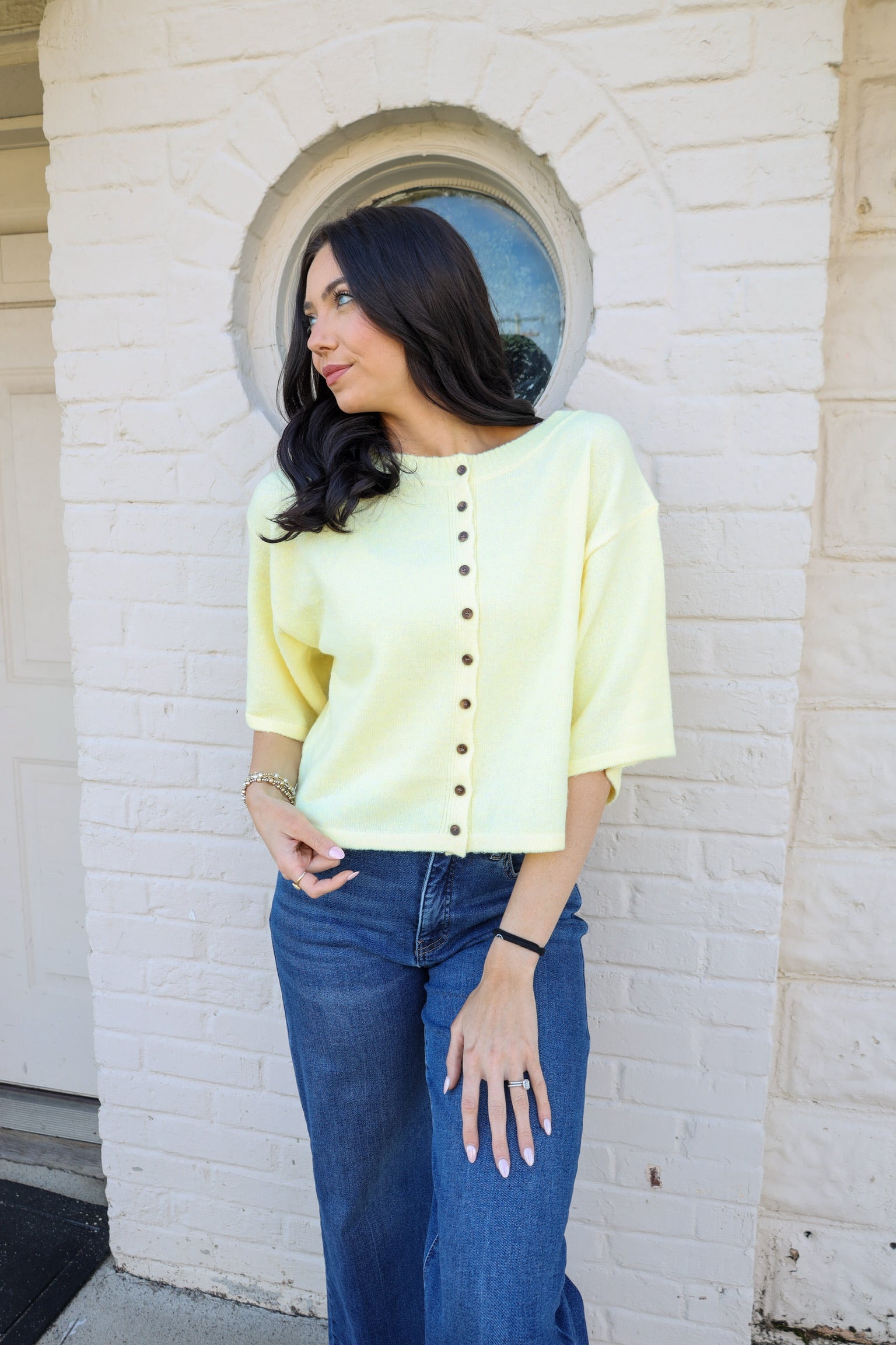 Short Sleeve Knit Button Up Cardigan - Butter