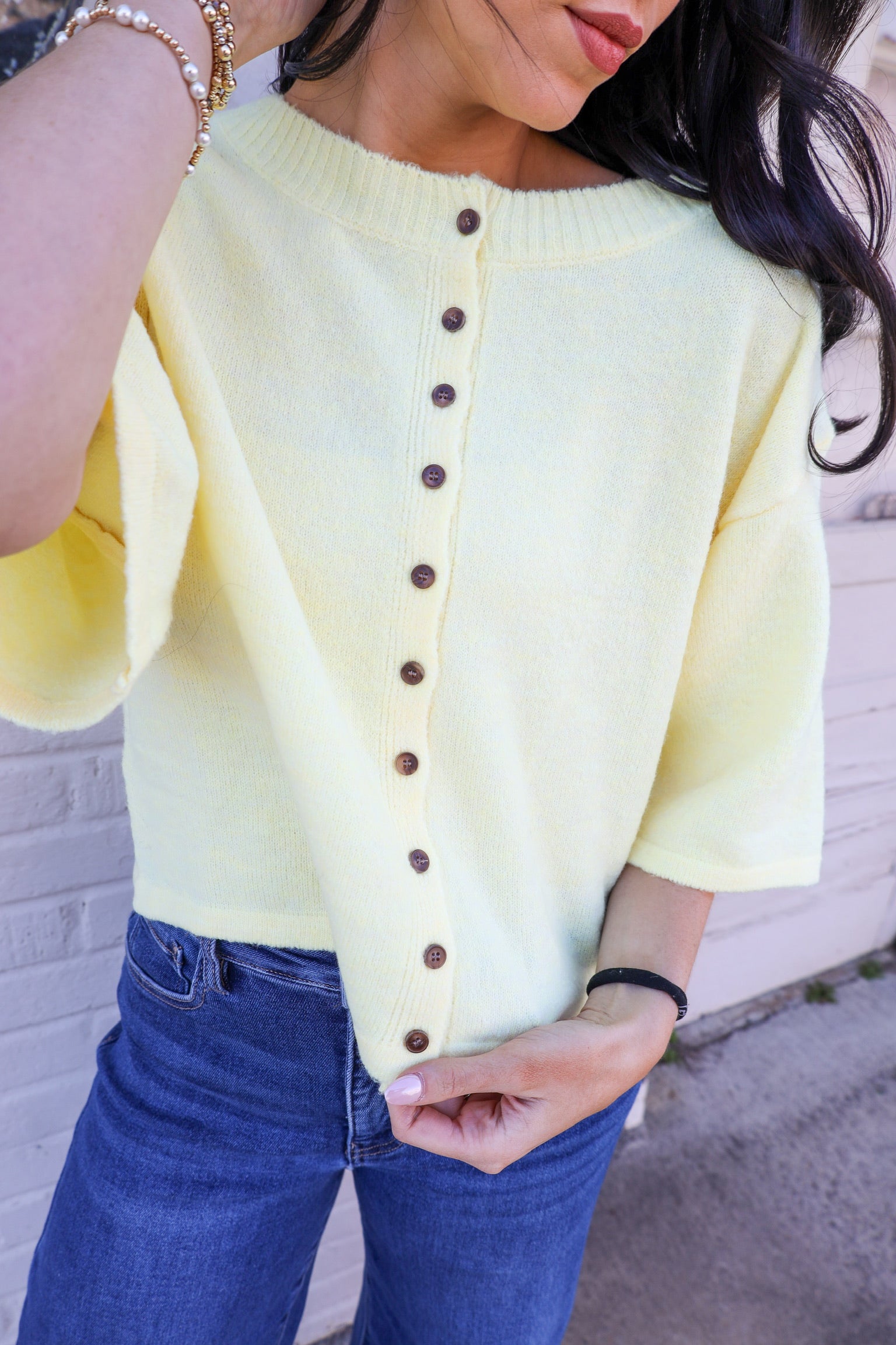 Short Sleeve Knit Button Up Cardigan - Butter