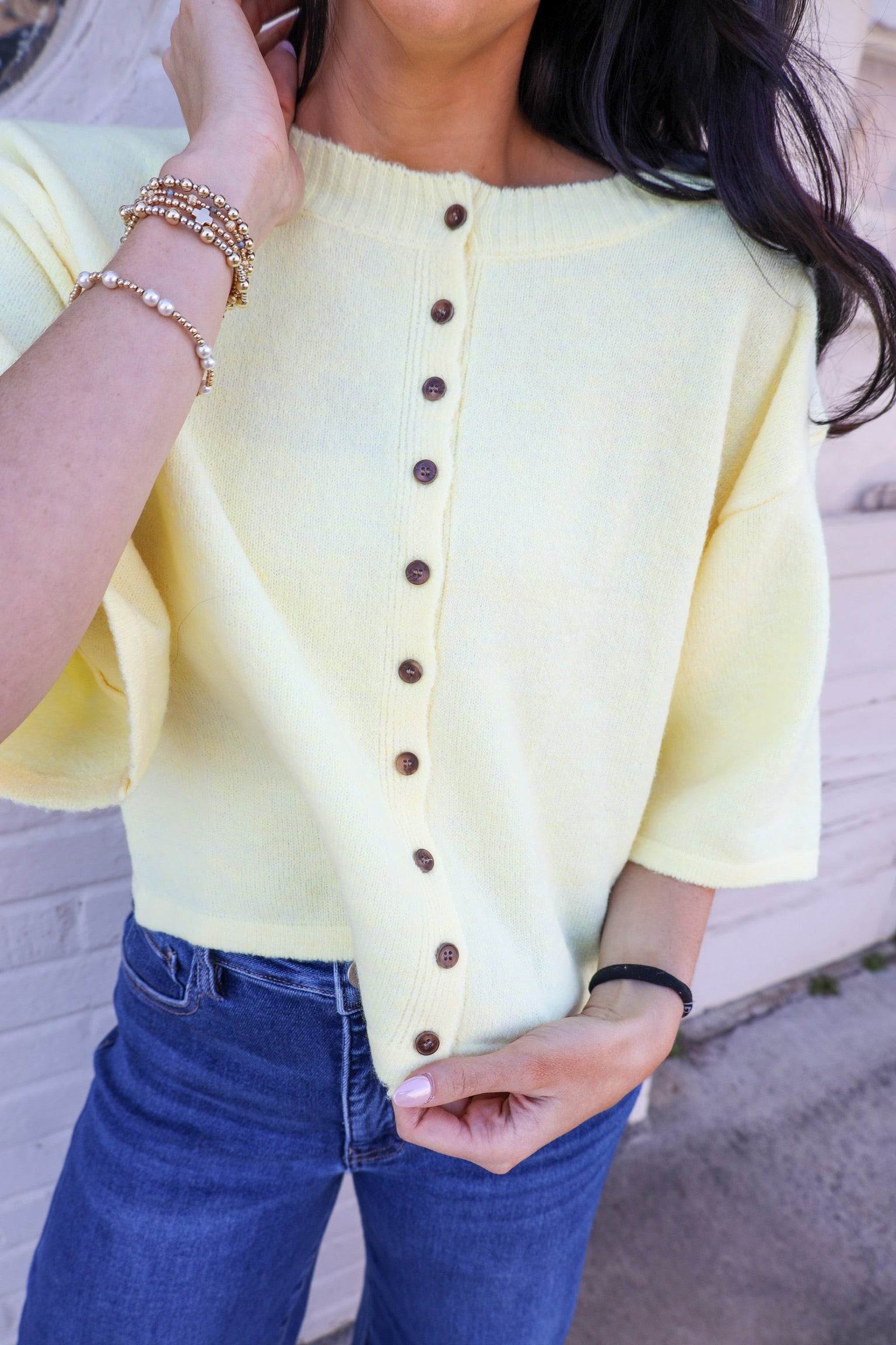 Short Sleeve Knit Button Up Cardigan - Butter