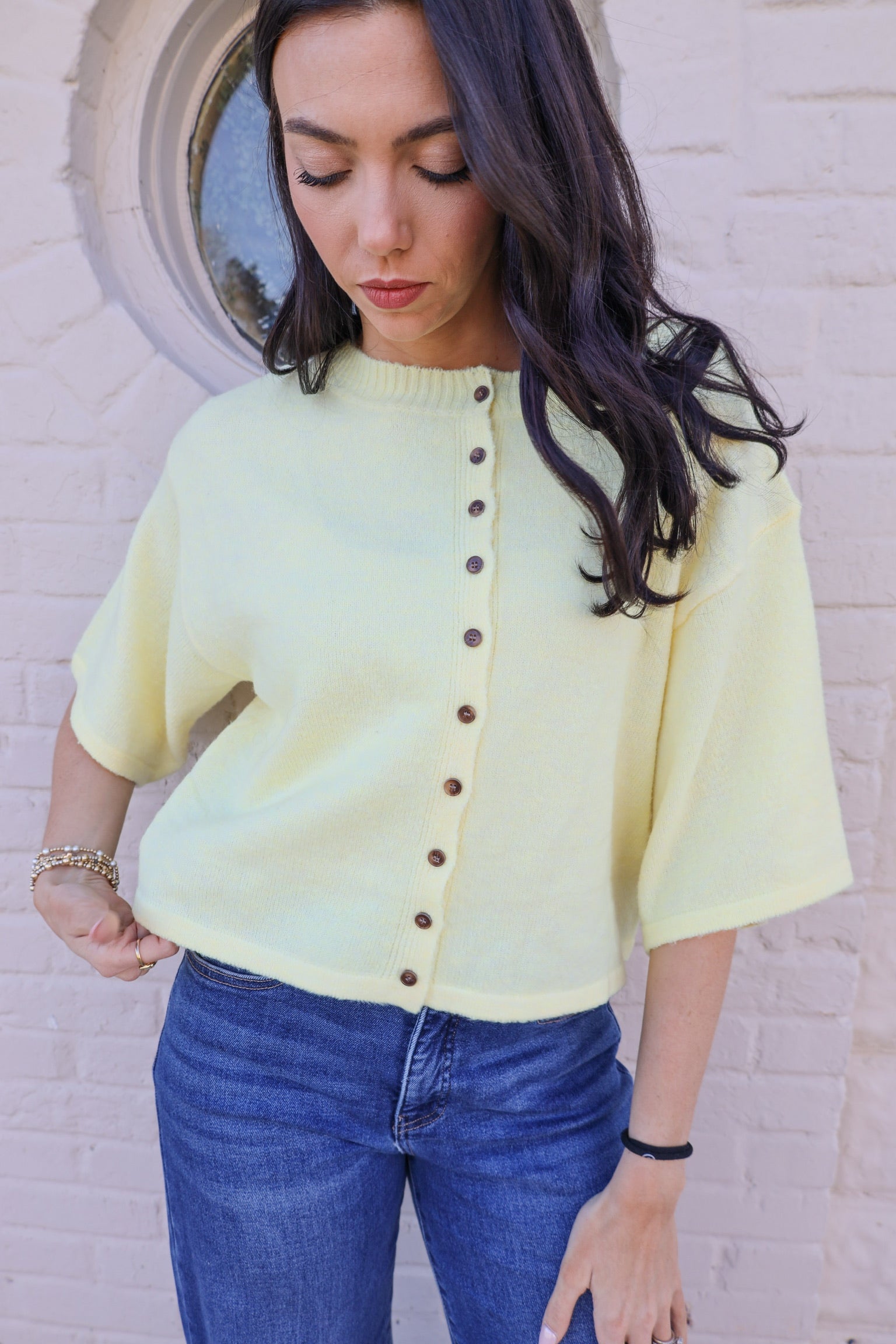 Short Sleeve Knit Button Up Cardigan - Butter