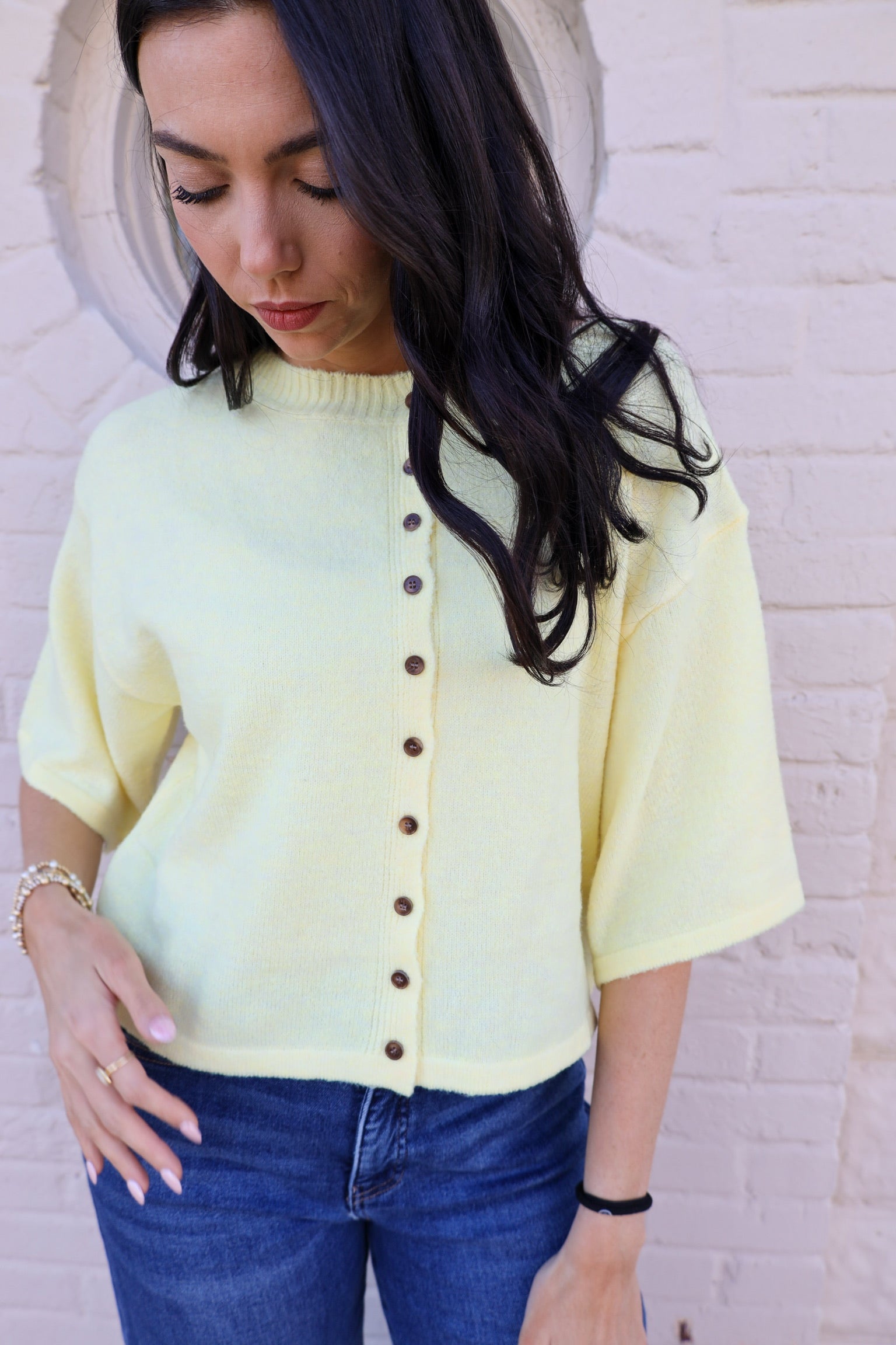 Short Sleeve Knit Button Up Cardigan - Butter