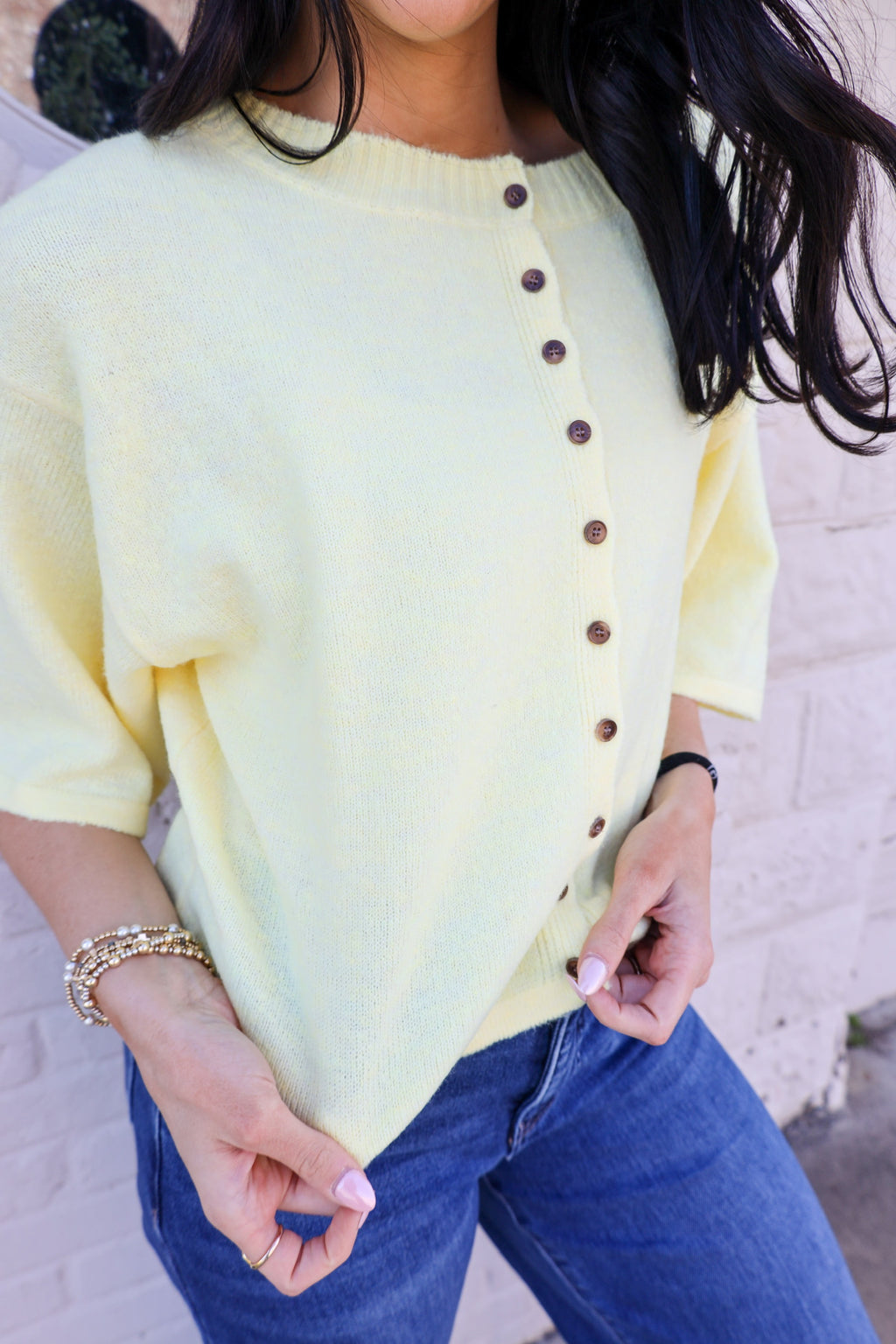 Short Sleeve Knit Button Up Cardigan - Butter