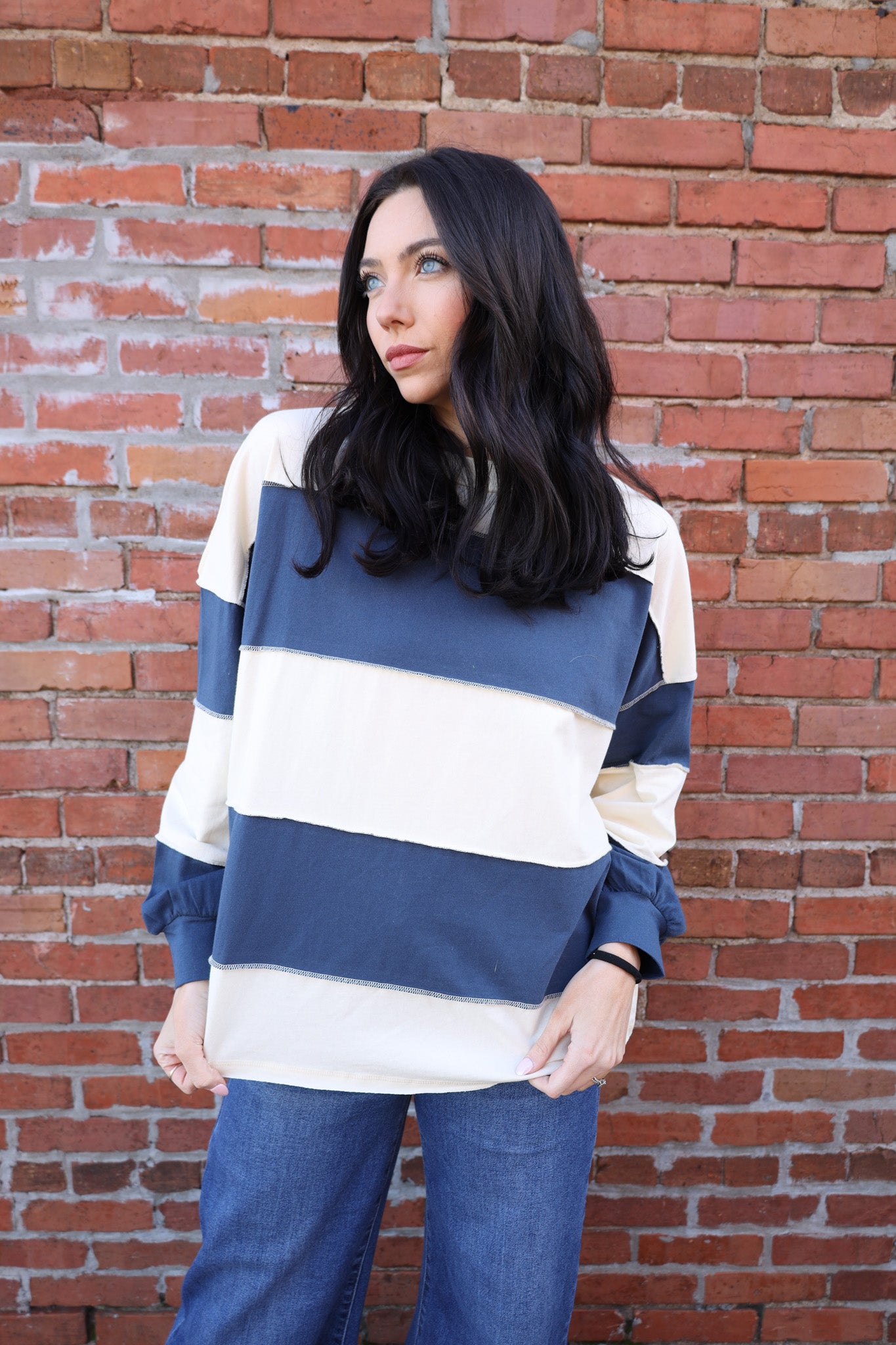 Oversized Long Sleeve Stripped Shirt - Navy