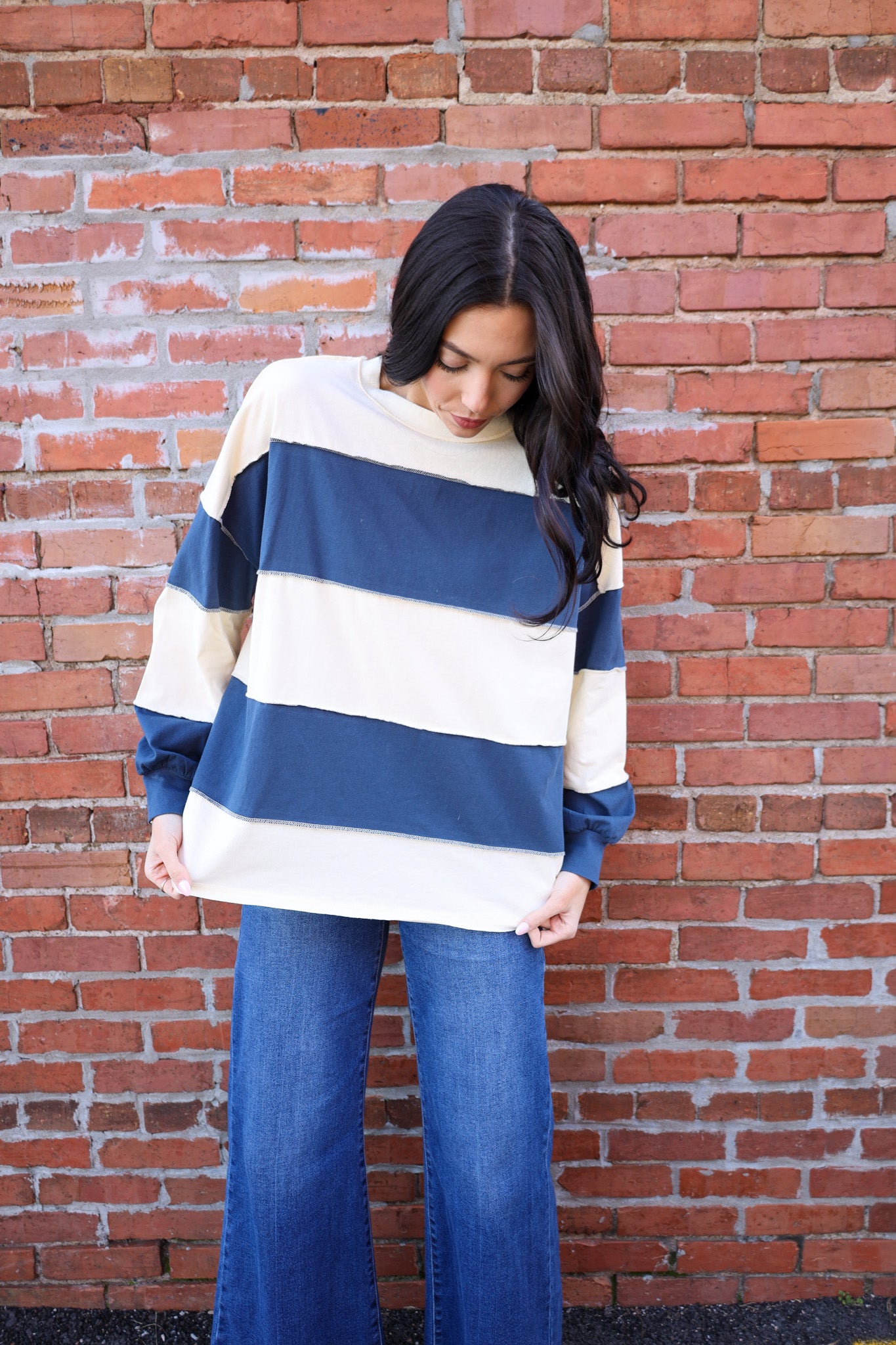 Oversized Long Sleeve Stripped Shirt - Navy