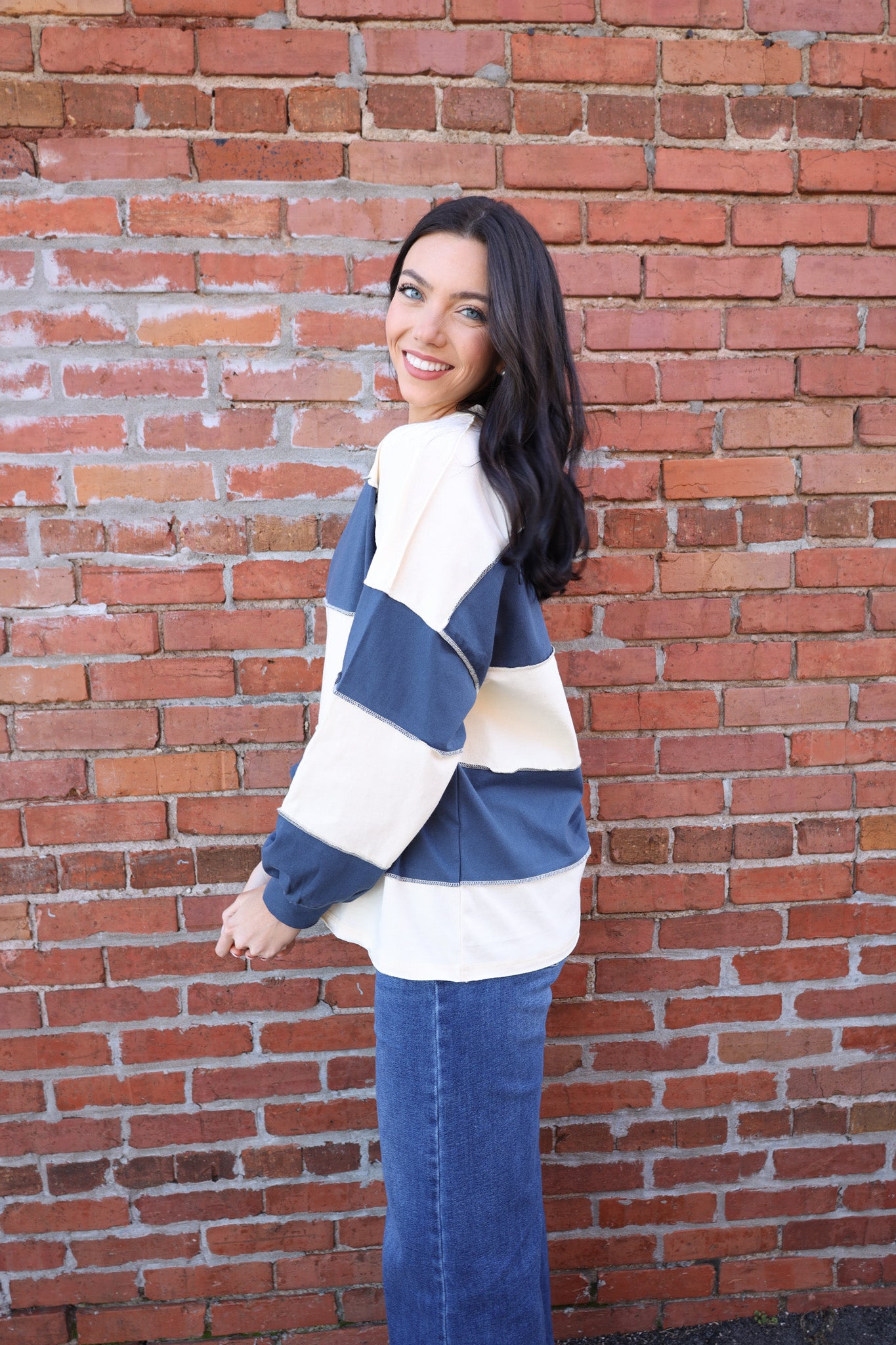 Oversized Long Sleeve Stripped Shirt - Navy