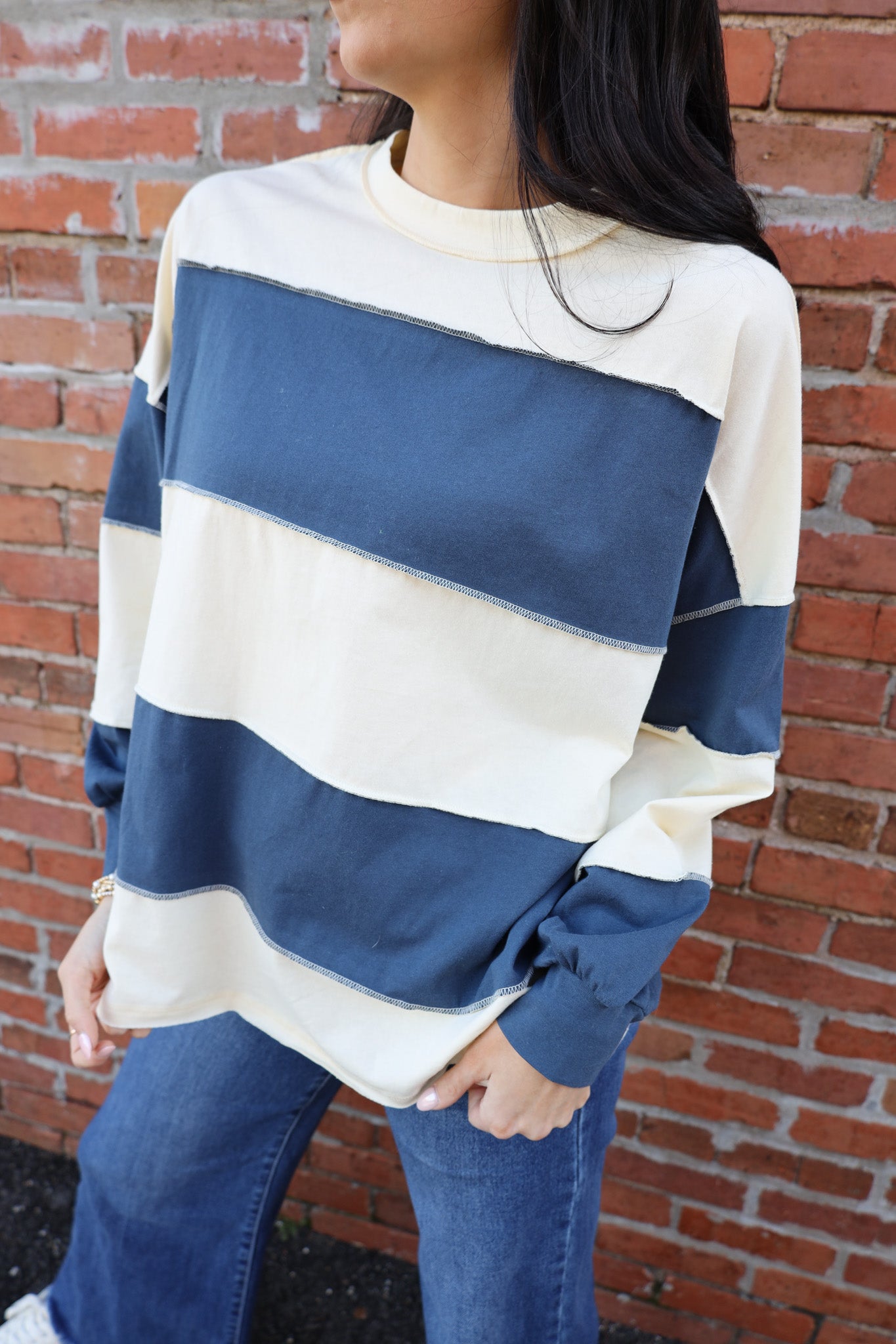 Oversized Long Sleeve Stripped Shirt - Navy
