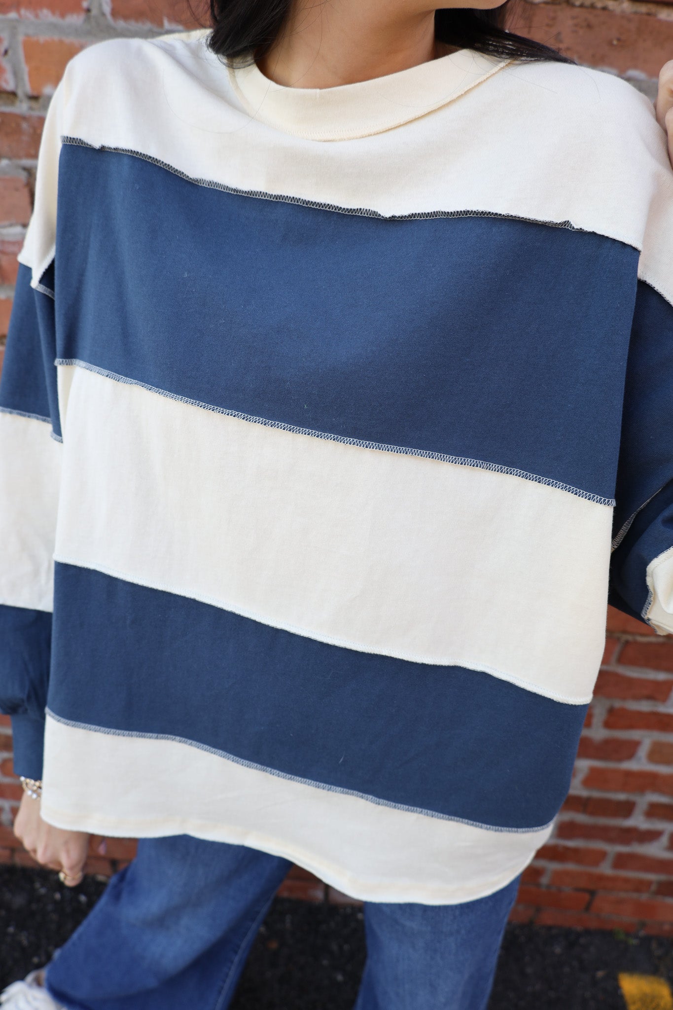 Oversized Long Sleeve Stripped Shirt - Navy