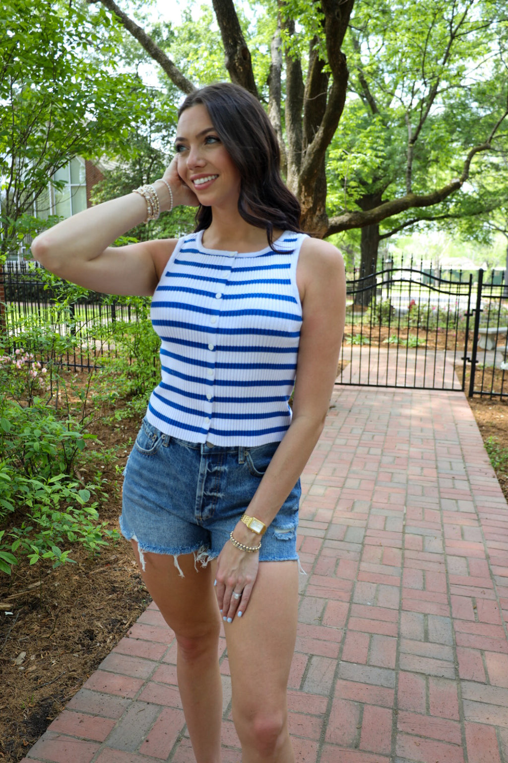 Blue and White Stripped Button Tank