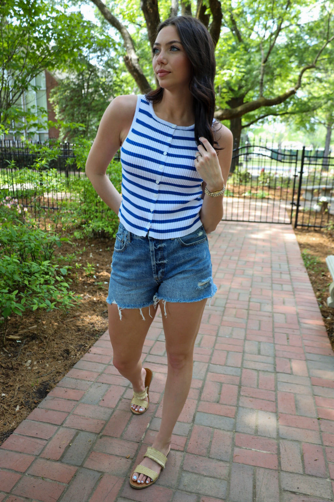 Blue and White Stripped Button Tank