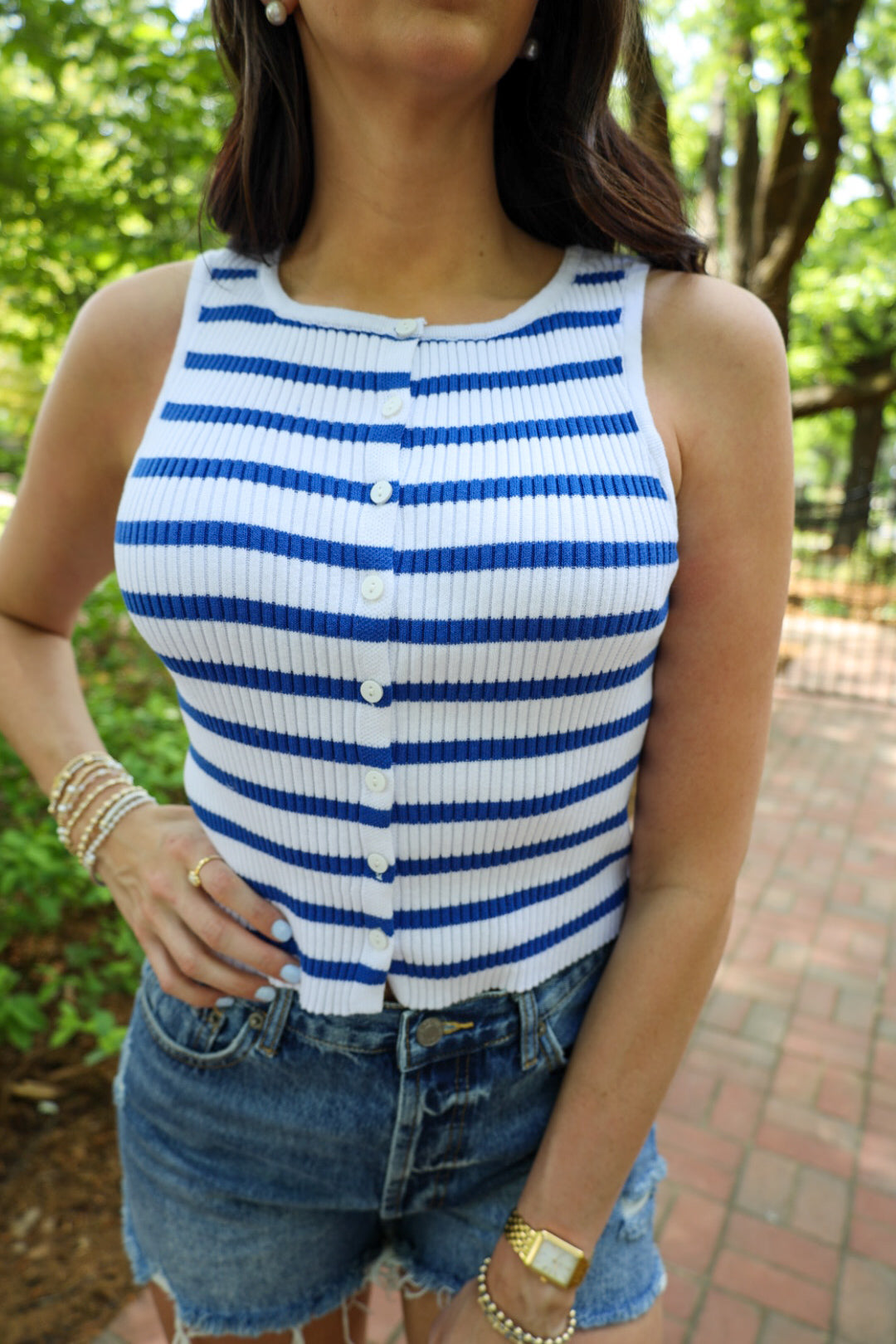 Blue and White Stripped Button Tank