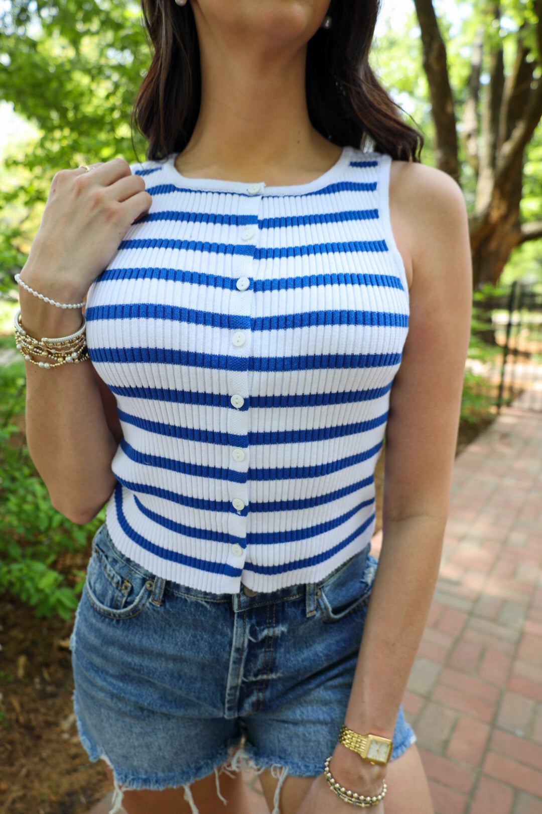 Blue and White Stripped Button Tank
