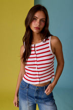 Striped Ribbed Button Front Tank -Red