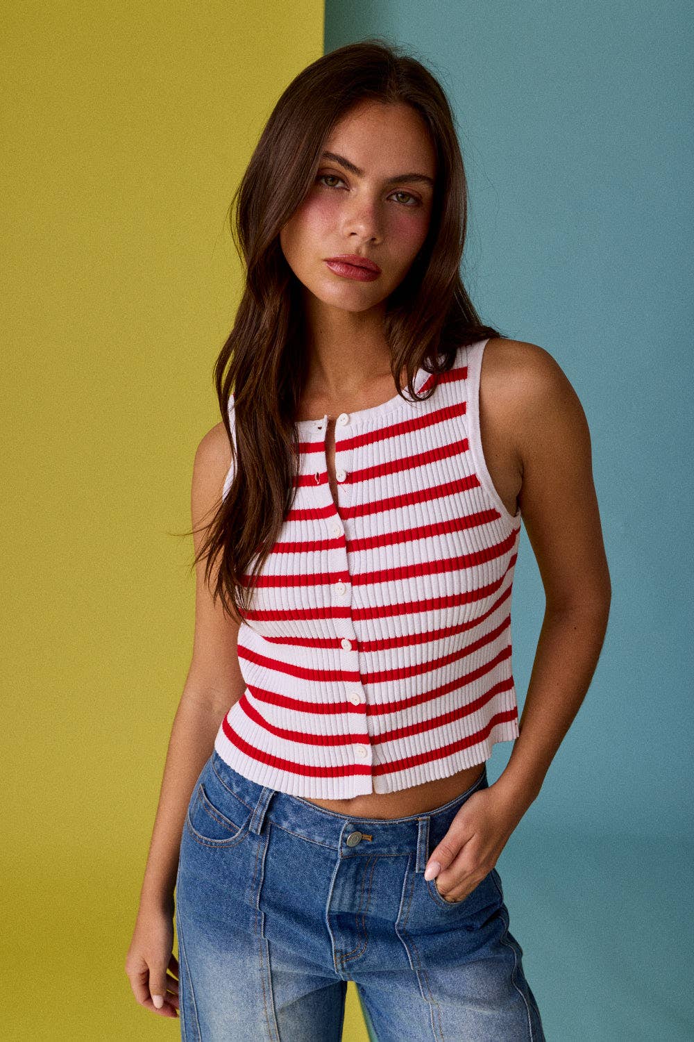 Striped Ribbed Button Front Tank -Red