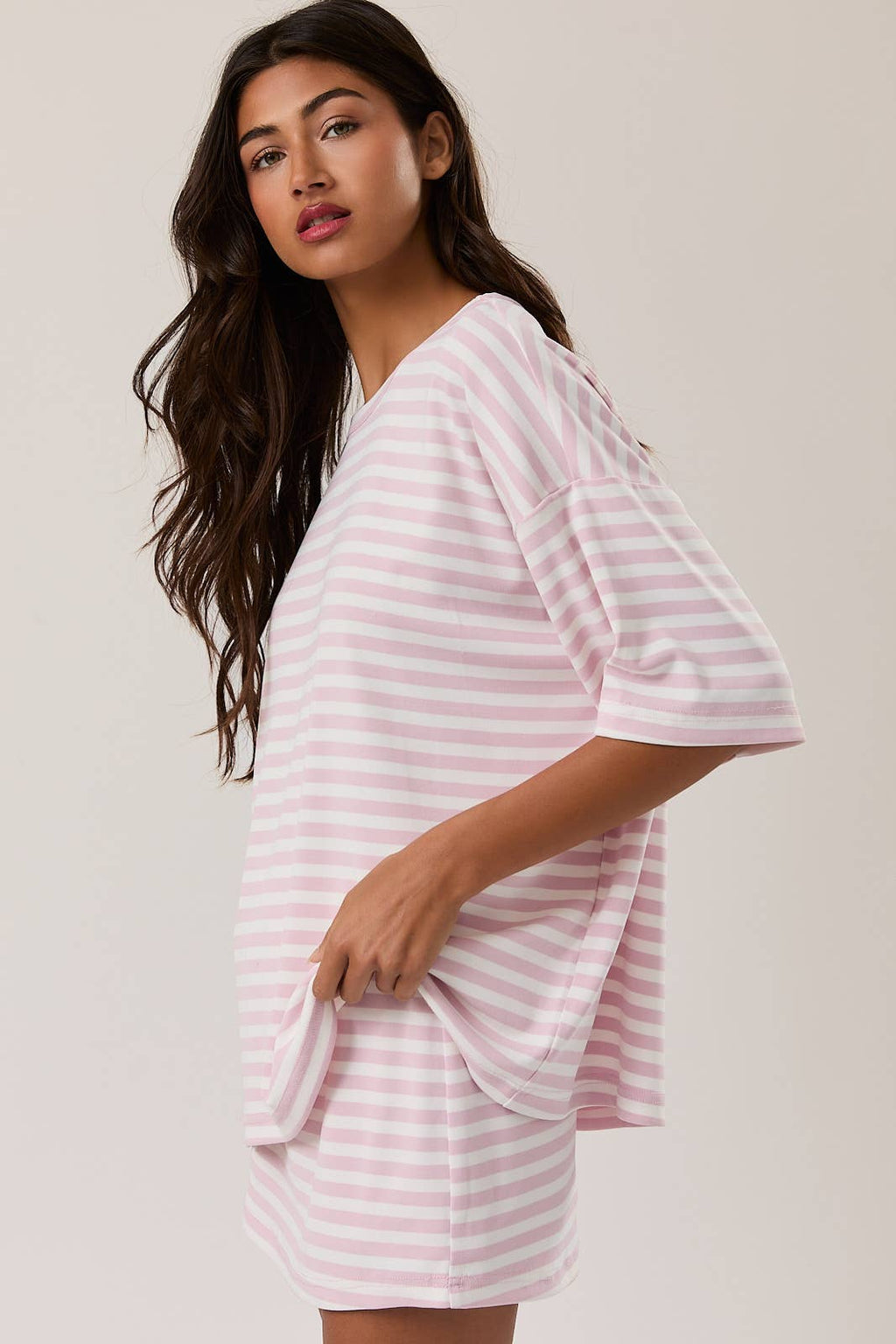 Short Sleeve Round Neck Oversized T Shirt - Pink and White