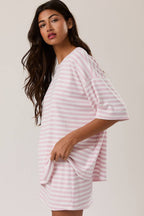 Short Sleeve Round Neck Oversized T Shirt - Pink and White