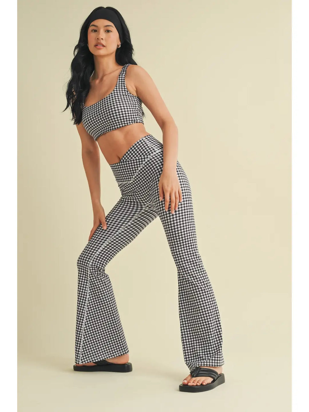 Gingham Print Ruched Bra Top - Black Gingham