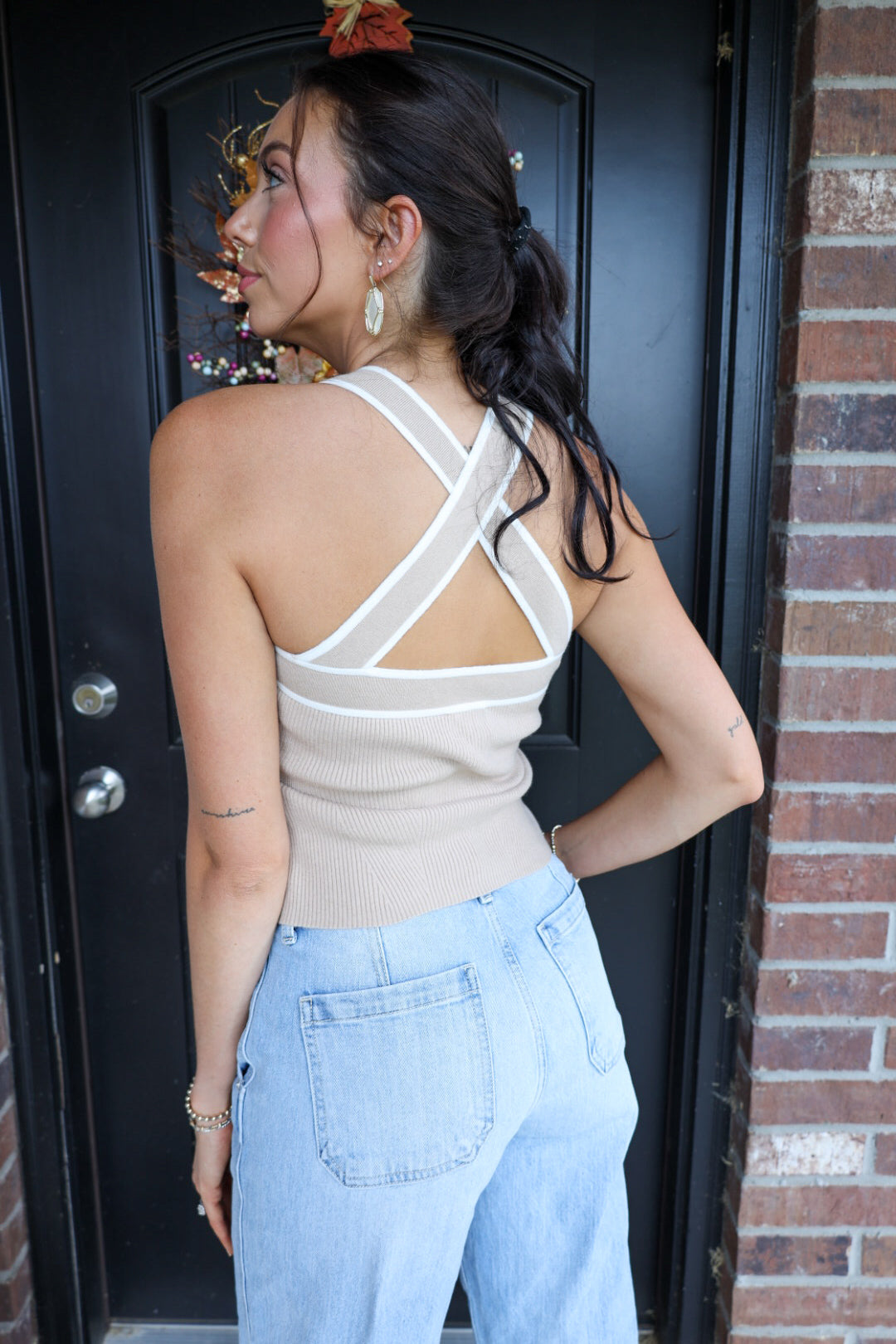 Tan and White Detailed Top