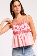 Red & Pink Embroidered Detail Cami Top