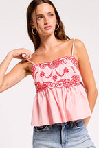 Red & Pink Embroidered Detail Cami Top