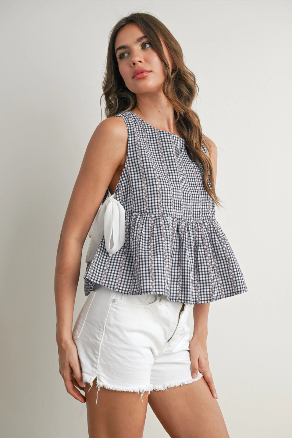 Navy Peplum Top with Cherries