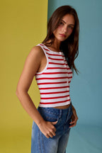 Striped Ribbed Button Front Tank -Red