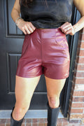 High Waist Pintuck Detail Faux Leather Shorts - Cherry Cola