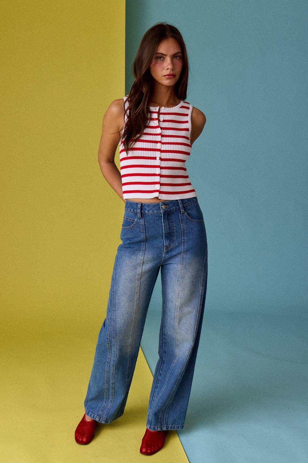 Striped Ribbed Button Front Tank -Red