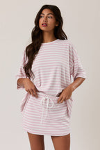 Short Sleeve Round Neck Oversized T Shirt - Pink and White