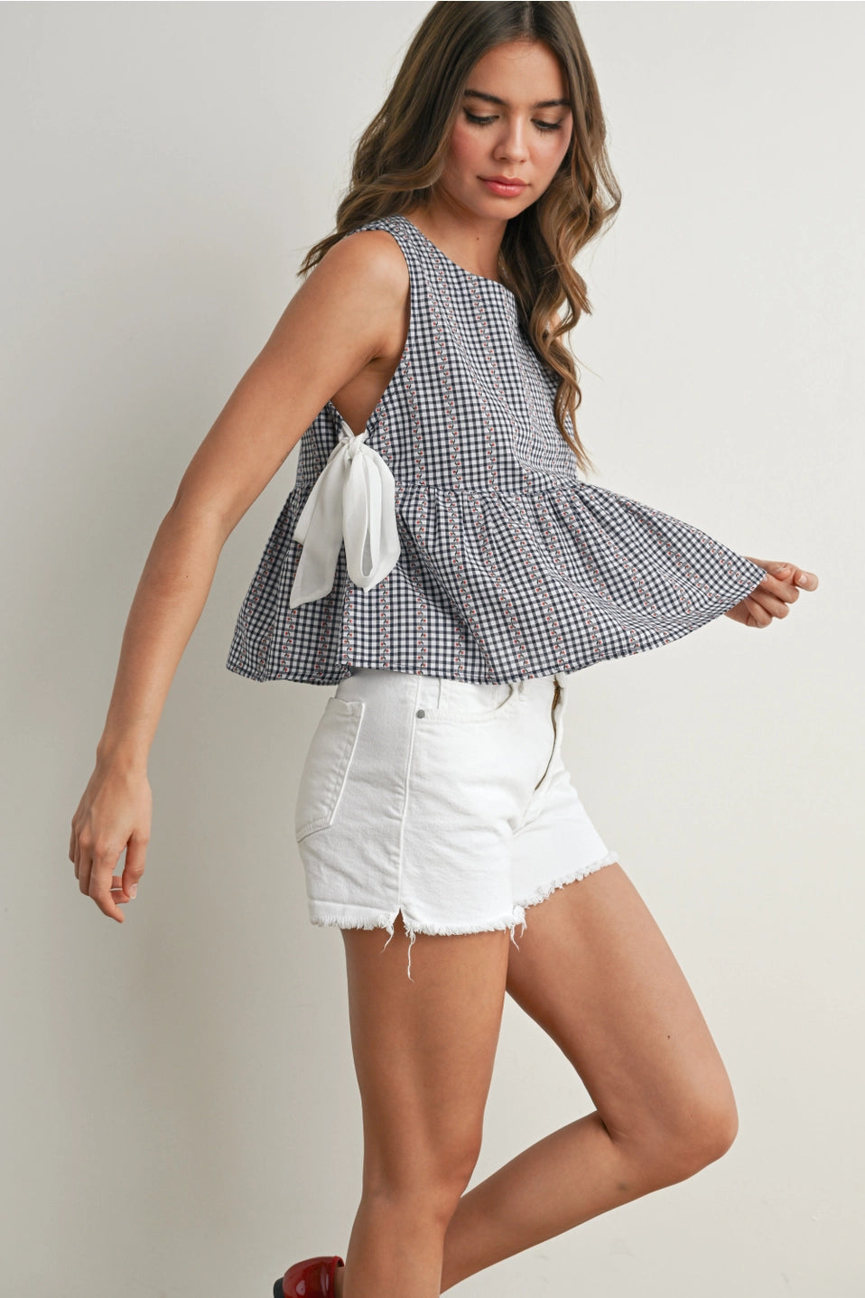 Navy Peplum Top with Cherries