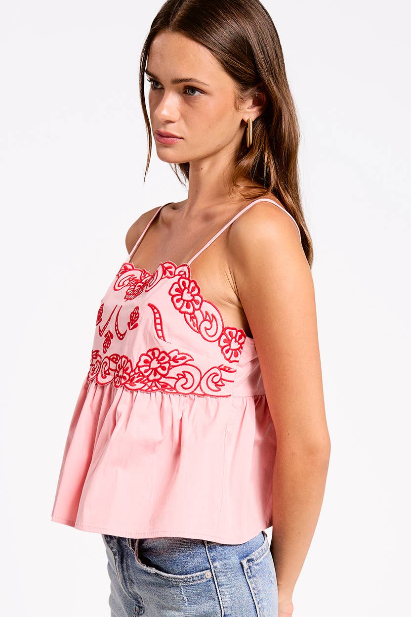 Red & Pink Embroidered Detail Cami Top
