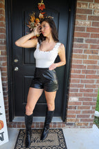 High Waist Pintuck Detail Faux Leather Shorts - Black