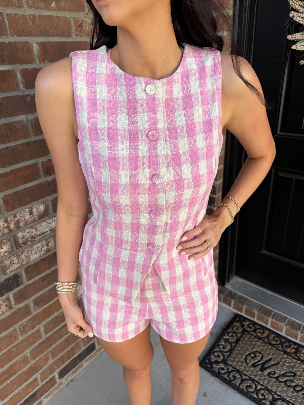 Pink Gingham Button Down Vest