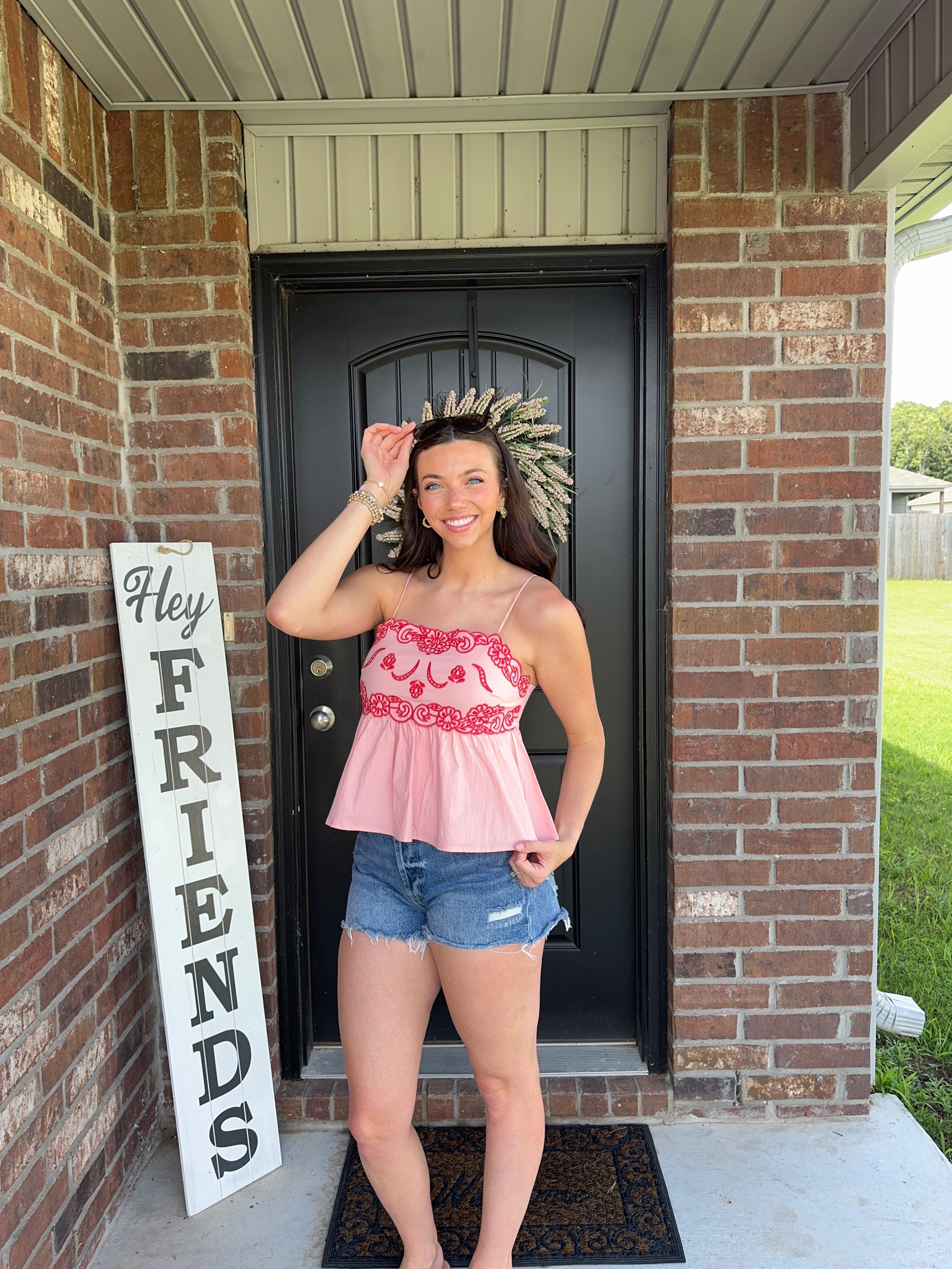 Red & Pink Embroidered Detail Cami Top